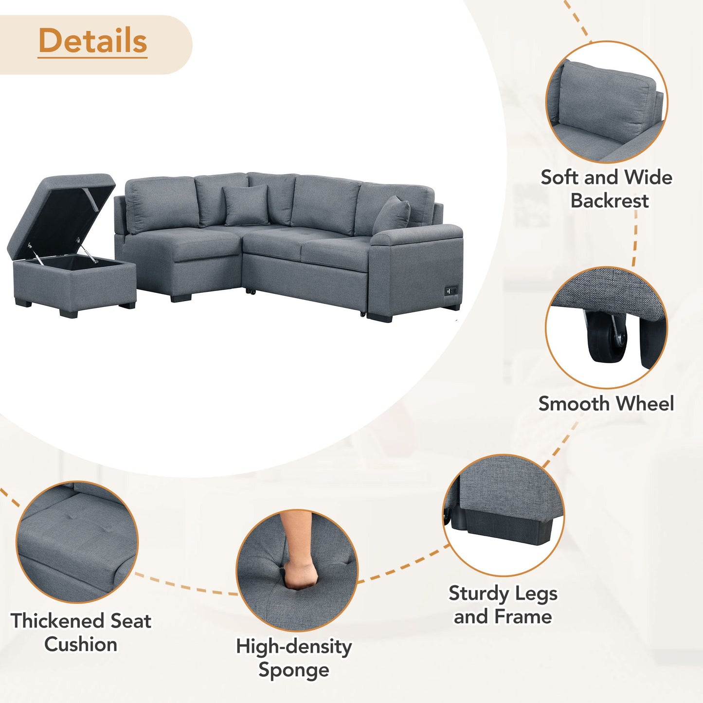 Sleeper Sectional Sofa, L-Shape Corner Couch Sofa - Bed With Storage Ottoman & Hidden Arm Storage & USB Charge For Living Room Apartment - Dark Gray