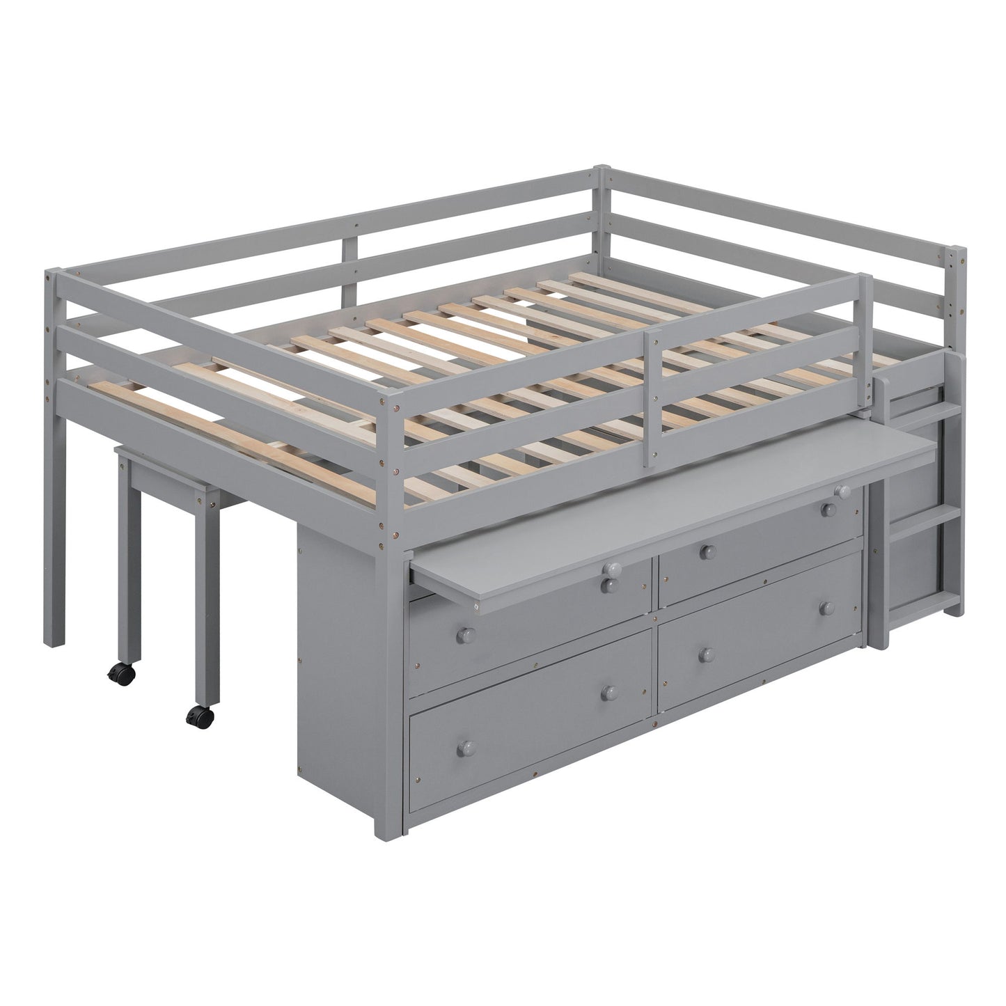Full Size Loft Bed With Retractable Writing Desk And 4 Drawers, With Lateral Portable Desk And Shelves - Gray