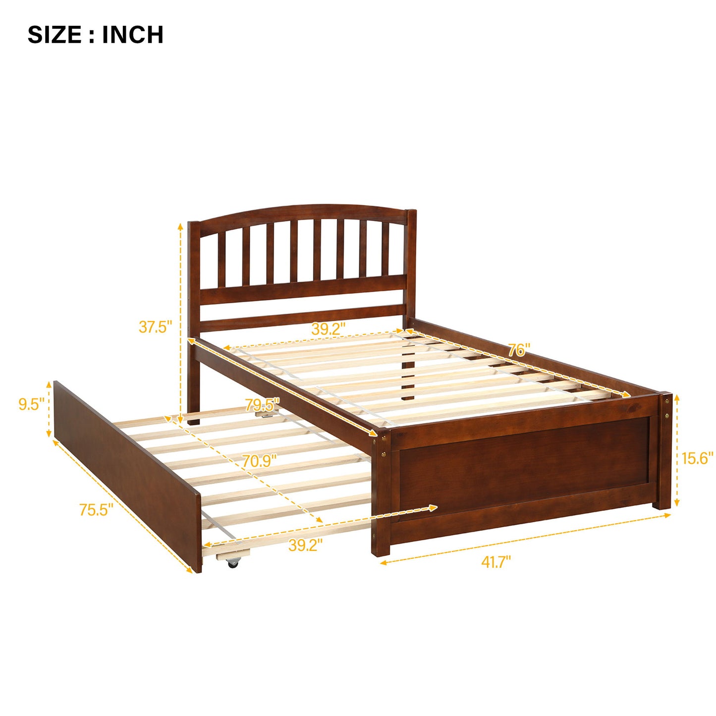 Twin Size Platform Bed Frame With Trundle - Walnut