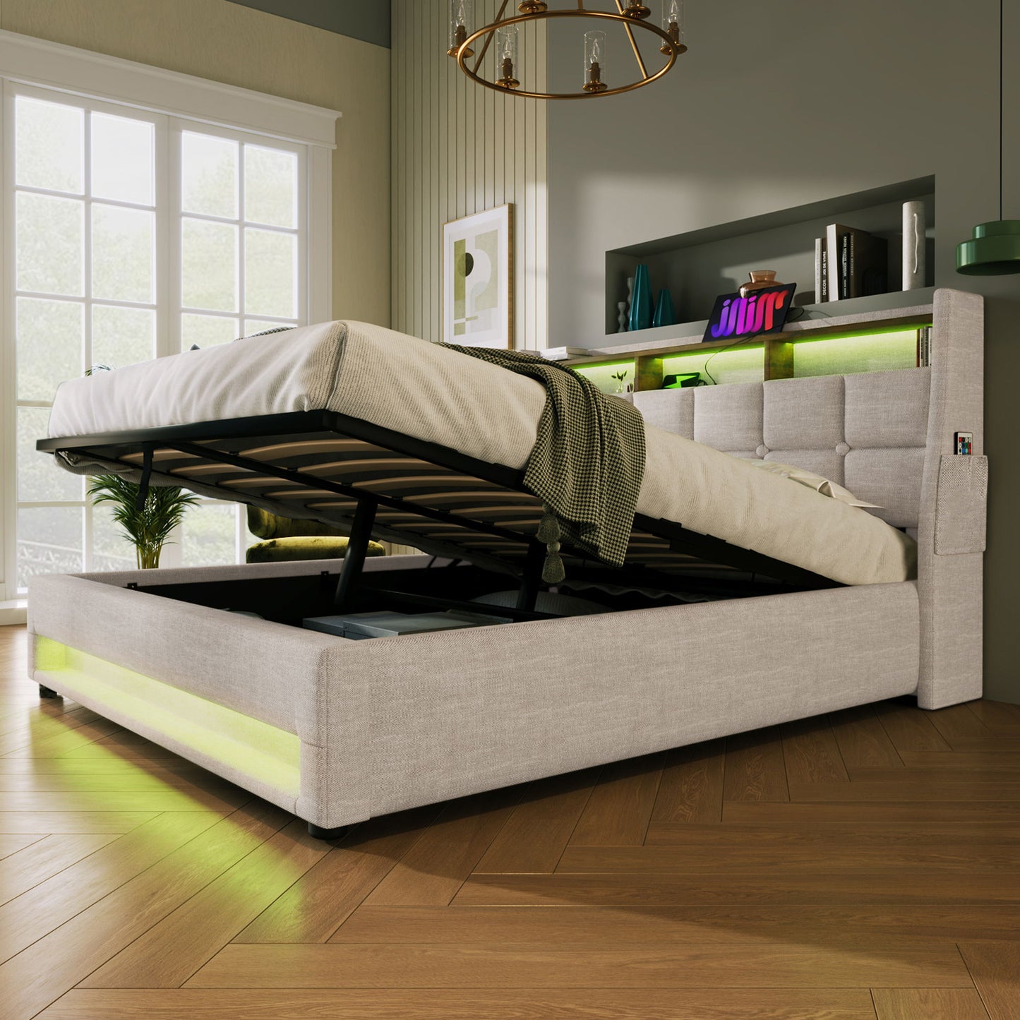 Full Size Upholstered Platform Bed With A Hydraulic Storage System, LED And USB Charging (Without Mattress) - Natural