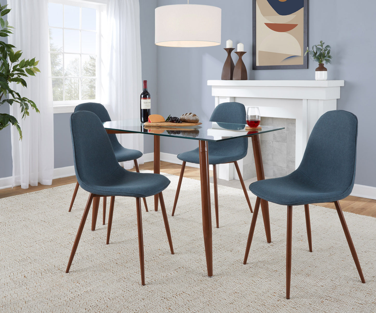 Clara Pebble - 5 Piece Mid-Century Modern Dining Set - Walnut / Blue