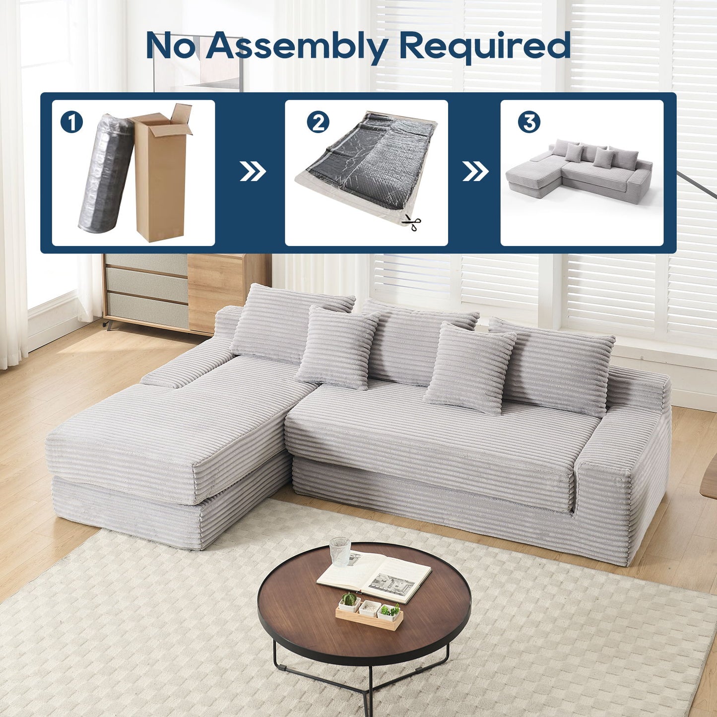 Modern L Shaped Sectional Sofa With Memory Foam & Steel Frame, Corduroy Fabric - Light Gray
