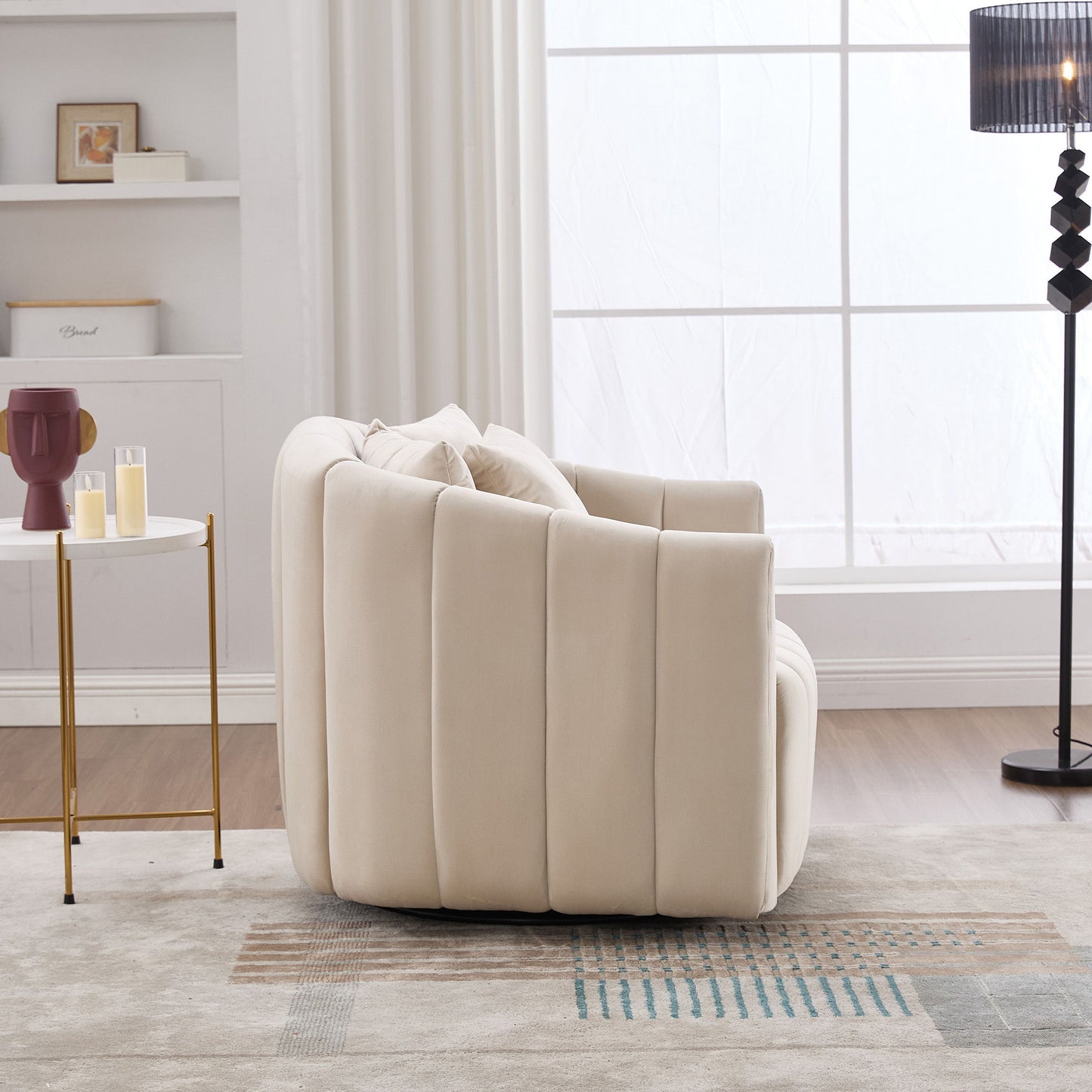 Upholstered Oversized 360 Degree Swivel Accent Barrel Chair And Half Cozy Sofa With 3 Pillows, Channel Tufted Pumpkin Shape Club Armchair For Living Room, Bedroom, Office, Lounge - Beige
