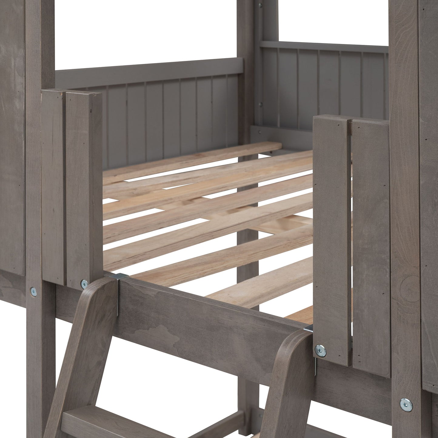 Full Over Full Bunk Bed With Roof, Window, Guardrail, Ladder - Antique Gray