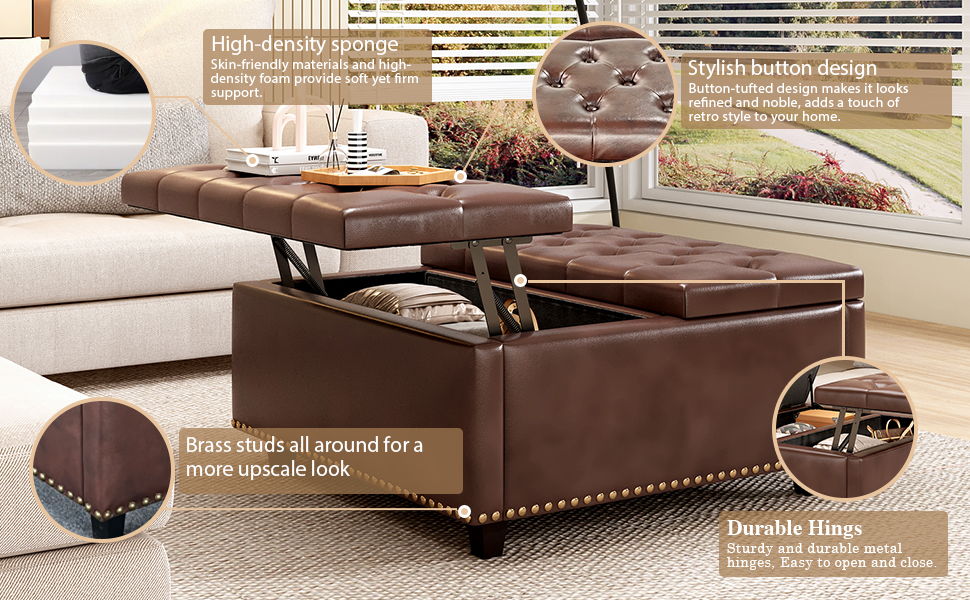 Large Square Storage Stool With 2 Storage Doors, Footstool For Living Room Mid - Century Modern Coffee Table With Nailhead Inlay - Brown