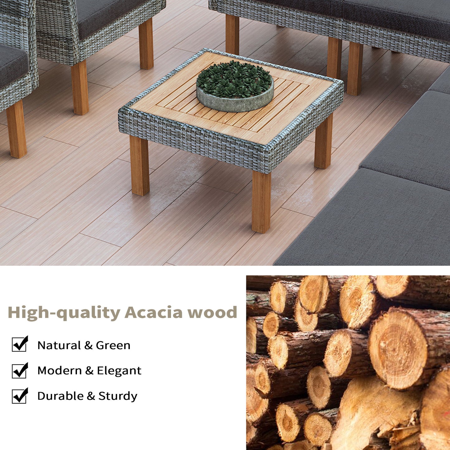 9 Piece Patio Rattan Furniture Set, Outdoor Conversation Set With Acacia Wood Legs And Tabletop, PE Rattan Sectional Sofa Set With Coffee Table, Washable Cushion - Gray