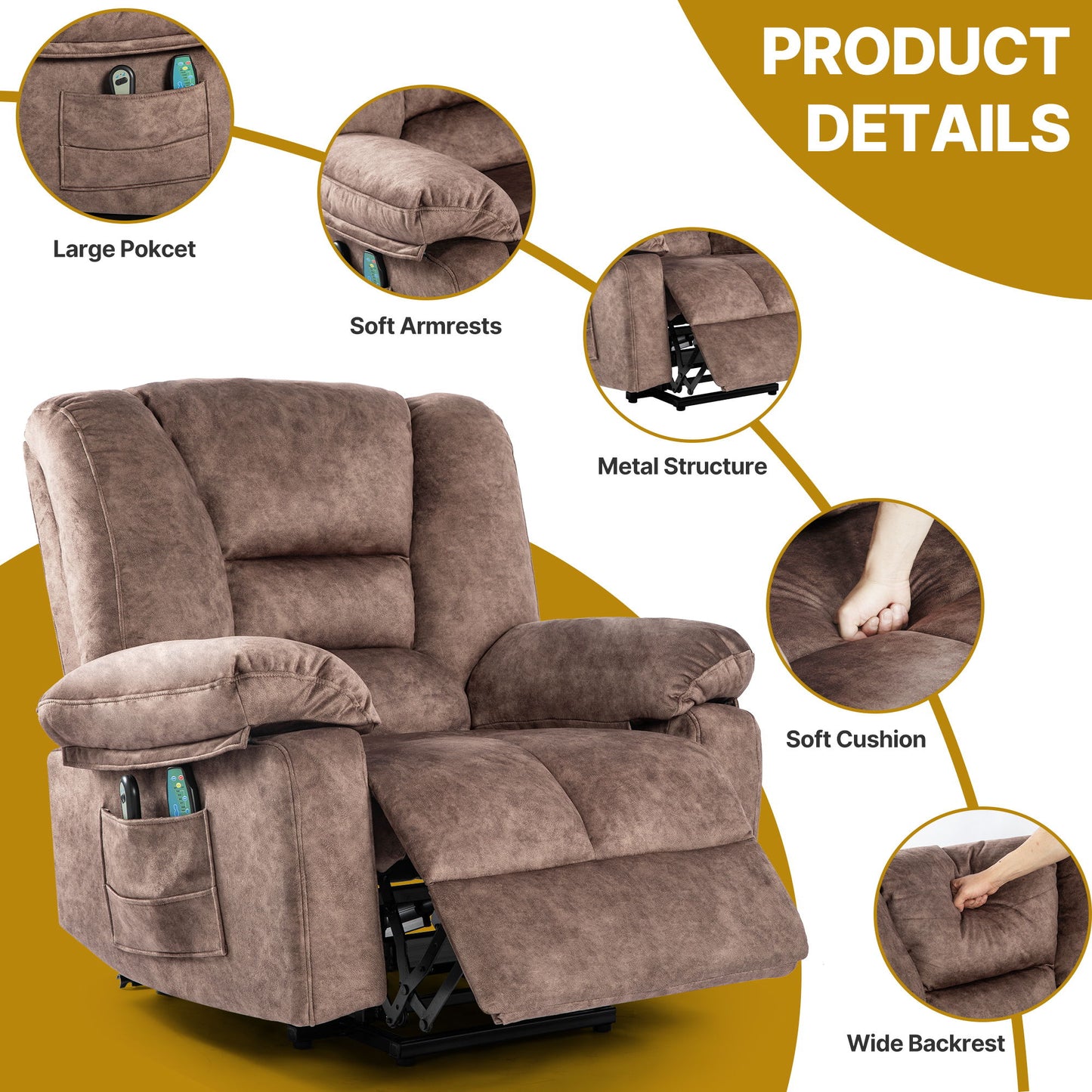 Power Lift Recliner Chair Sofa With Massage - Brown
