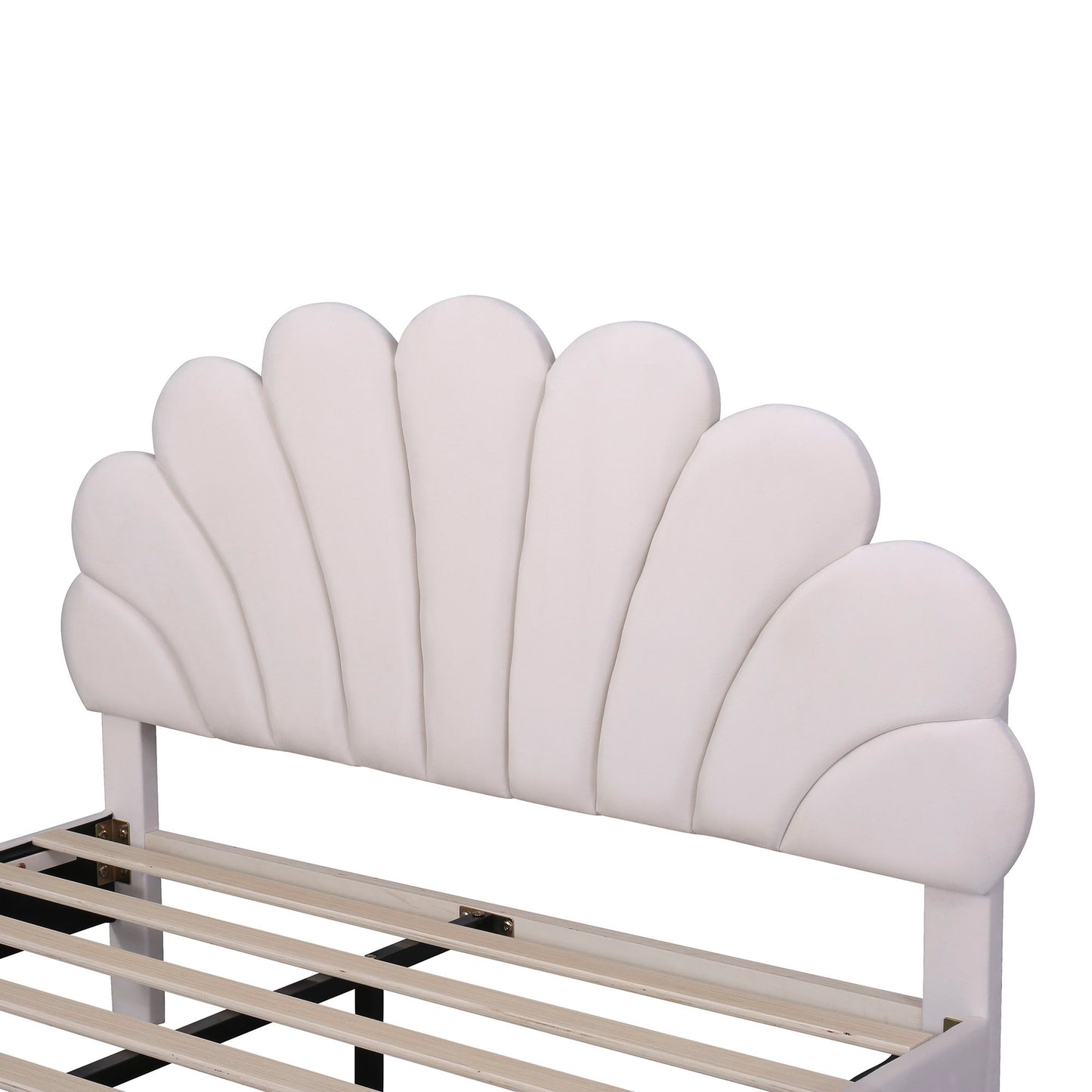 Full Size Upholstered Platform Bed With Flower Pattern Headboard - Beige