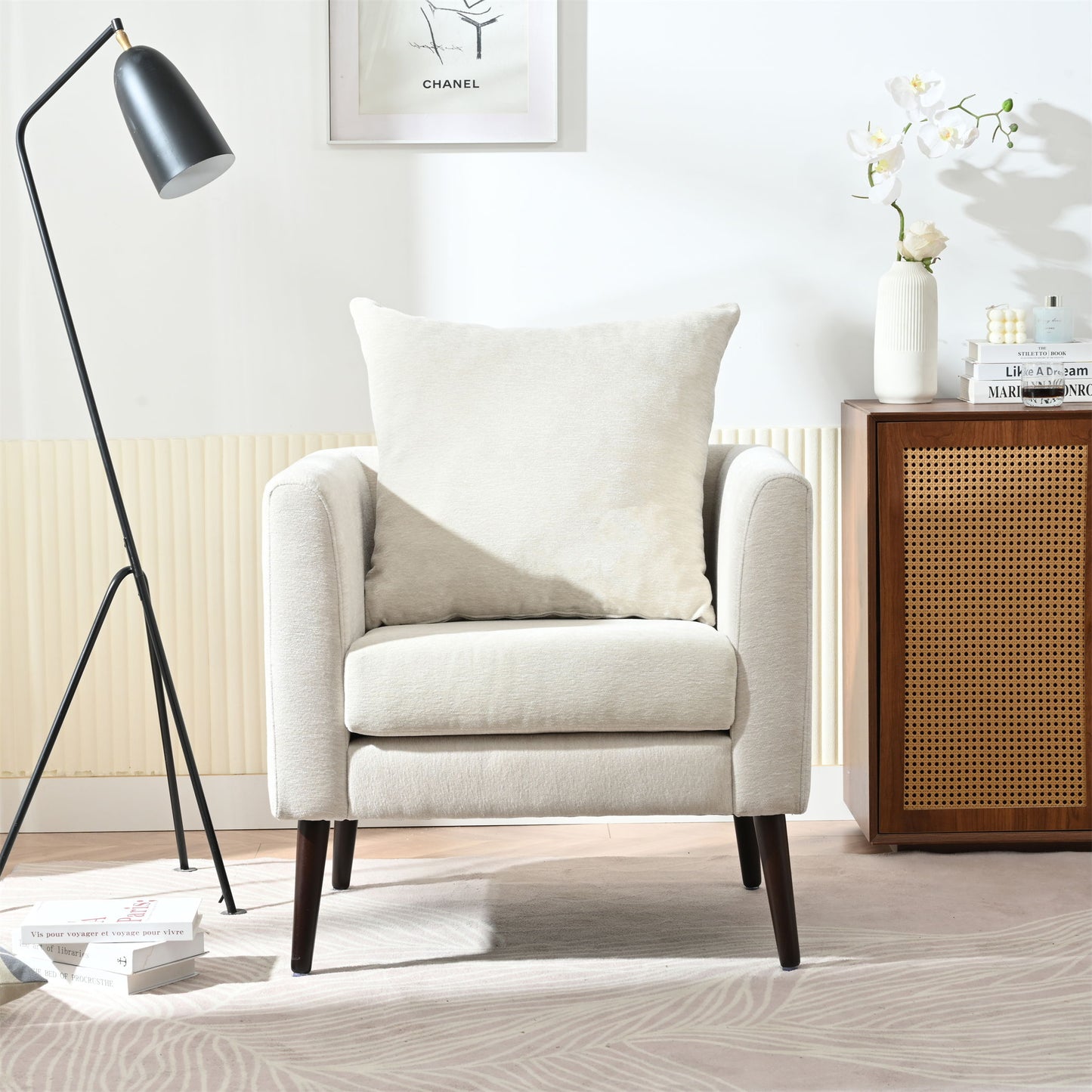 Modern Chenille Accent Chair, Upholstered Armchair For Living Room, Mid Century Fabric Lounge Chair With Pillow, Comfortable Reading Chair With Wood Legs For Living Room, Reception Room - Beige
