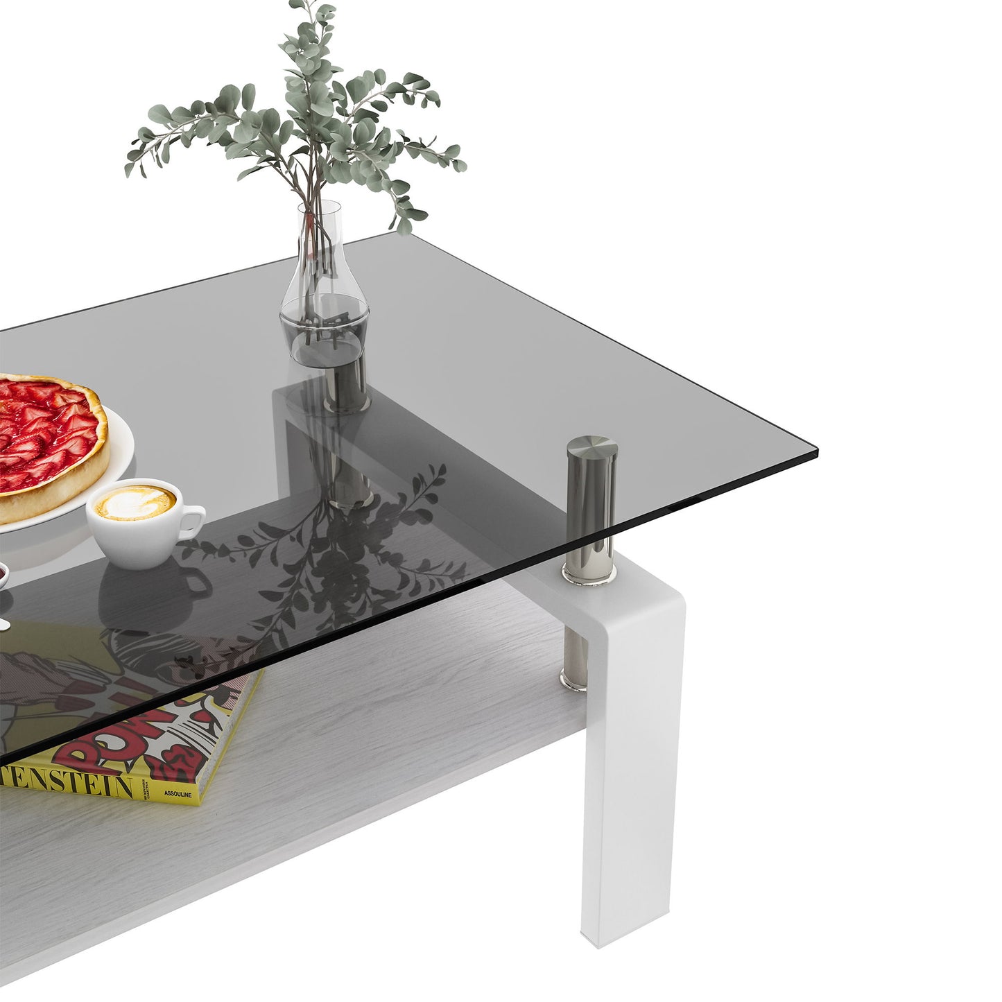 Modern Rectangular Coffee Table With Tempered Glass Top Layer, Table For Living Room - Gray