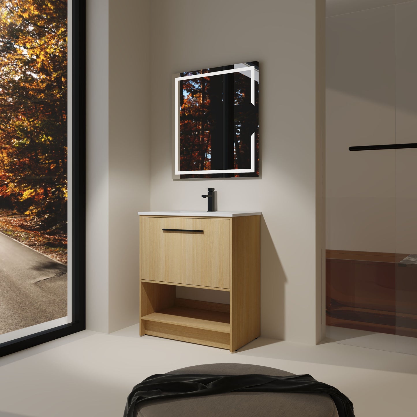 Modern 30" Bathroom Vanity With Ceramic Sink, Freestanding Cabinet, 2 Soft Closing Doors - Oak