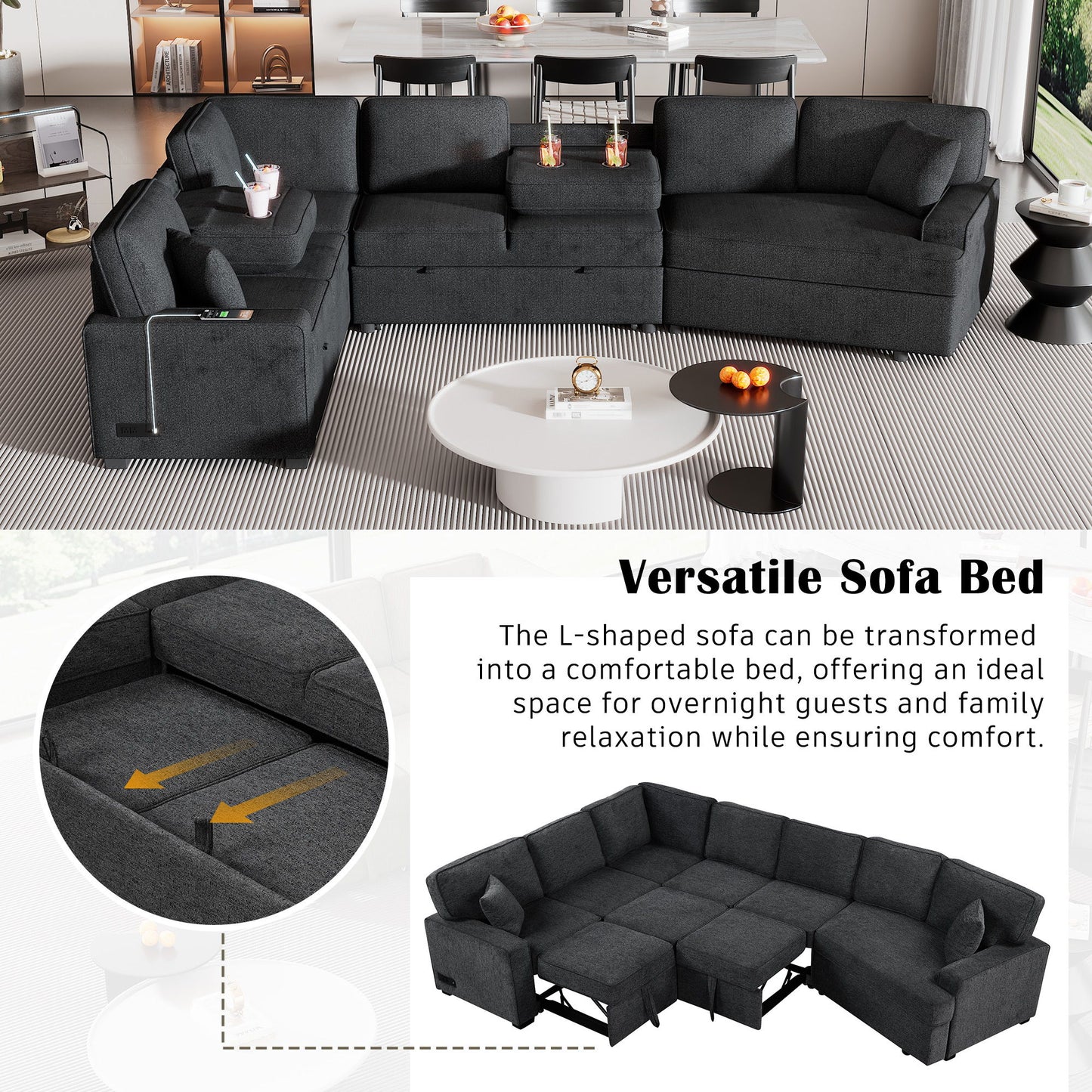 L-Shaped Sofa Sectional Sofa Couch Pull-Out Sofa Bed With Charging Devices And Cup Holders For Living Room - Blue Black
