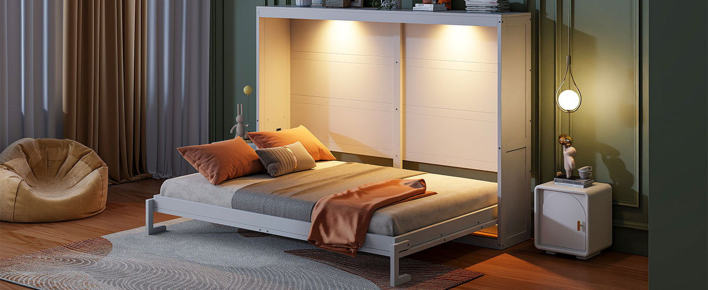 Queen Size Murphy Wall Bed Modern Design With LED Lights - White