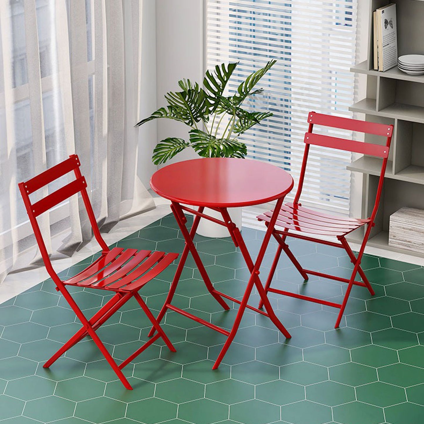 3 Piece Patio Bistro Set Of Foldable Round Table And Chairs - Red