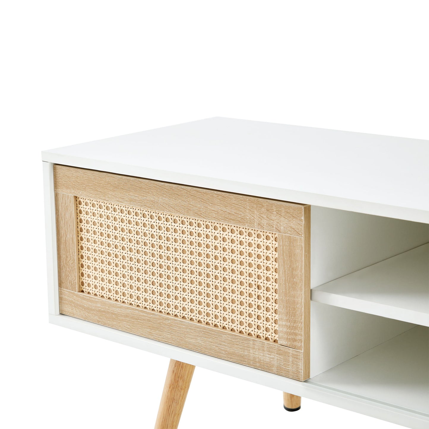 55.12" Rattan TV Cabinet, Double Sliding Doors For Storage, Adjustable Shelf, Solid Wood Legs, TV Console For Living Room - White