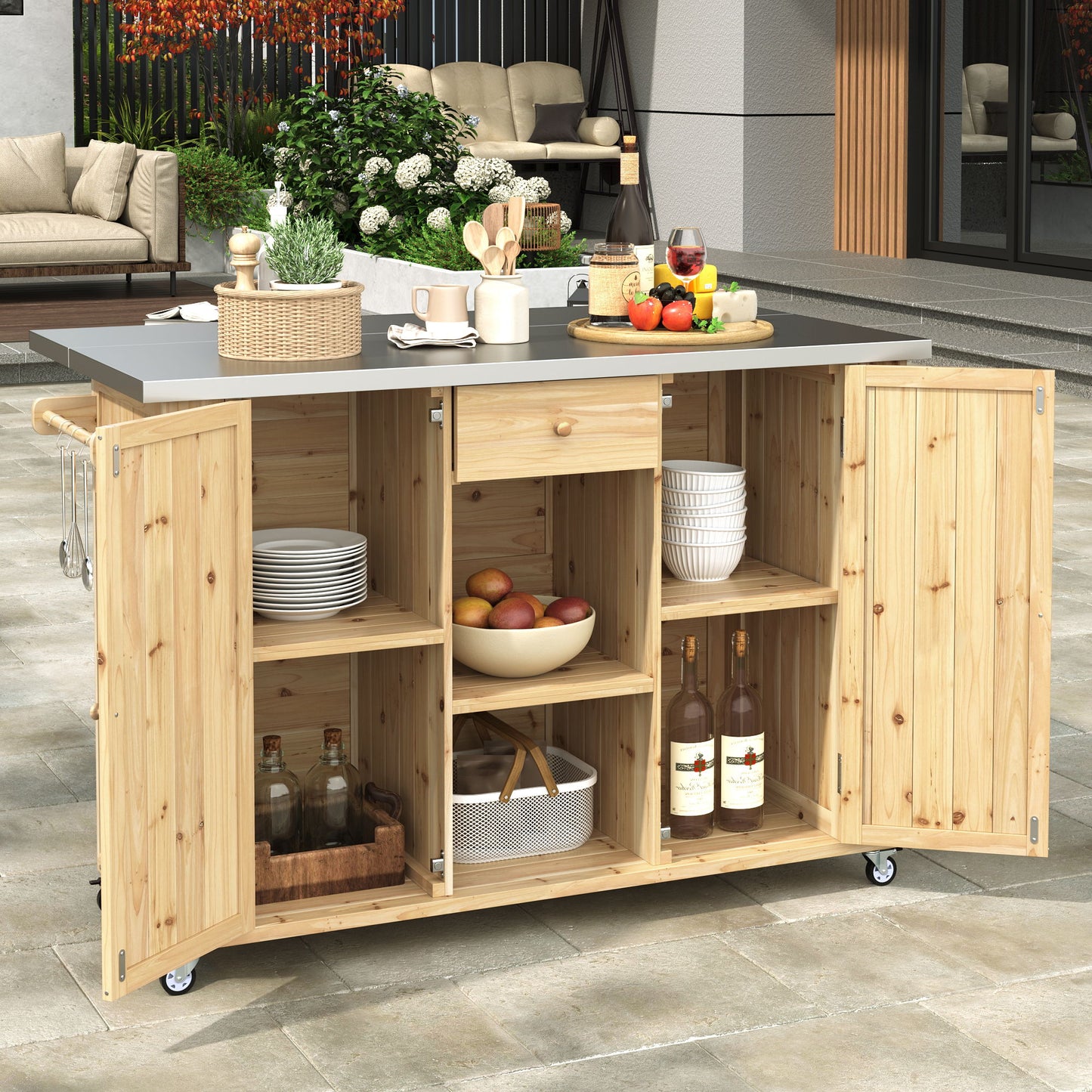 Outdoor Kitchen Island Fir Wood Kitchen Island With Stainless Steel Top, Ample Storage Space, Towel And Spice Racks And A Bottle Opener For Outdoor - Natural