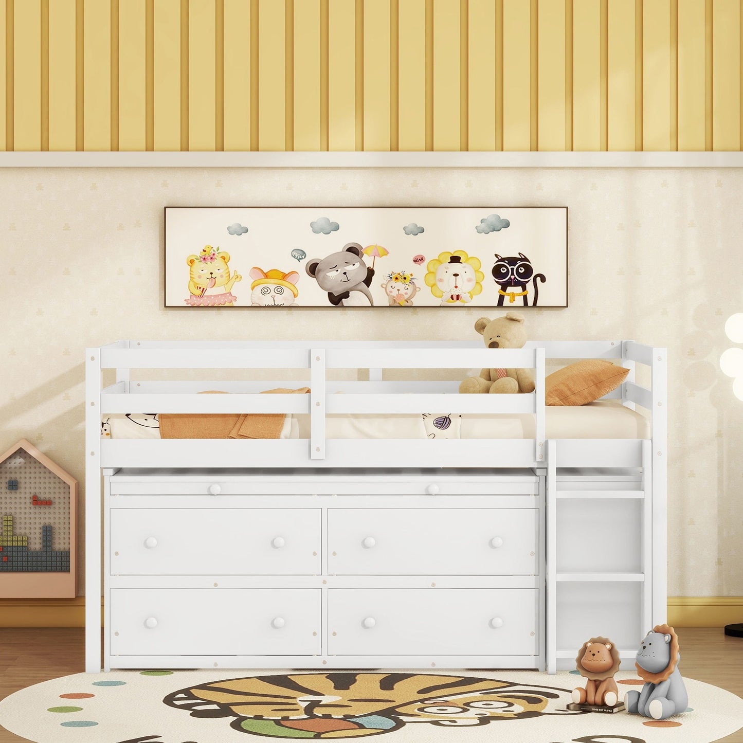 Twin Size Loft Bed With Retractable Writing Desk And 4 Drawers, With Lateral Portable Desk And Shelves - White