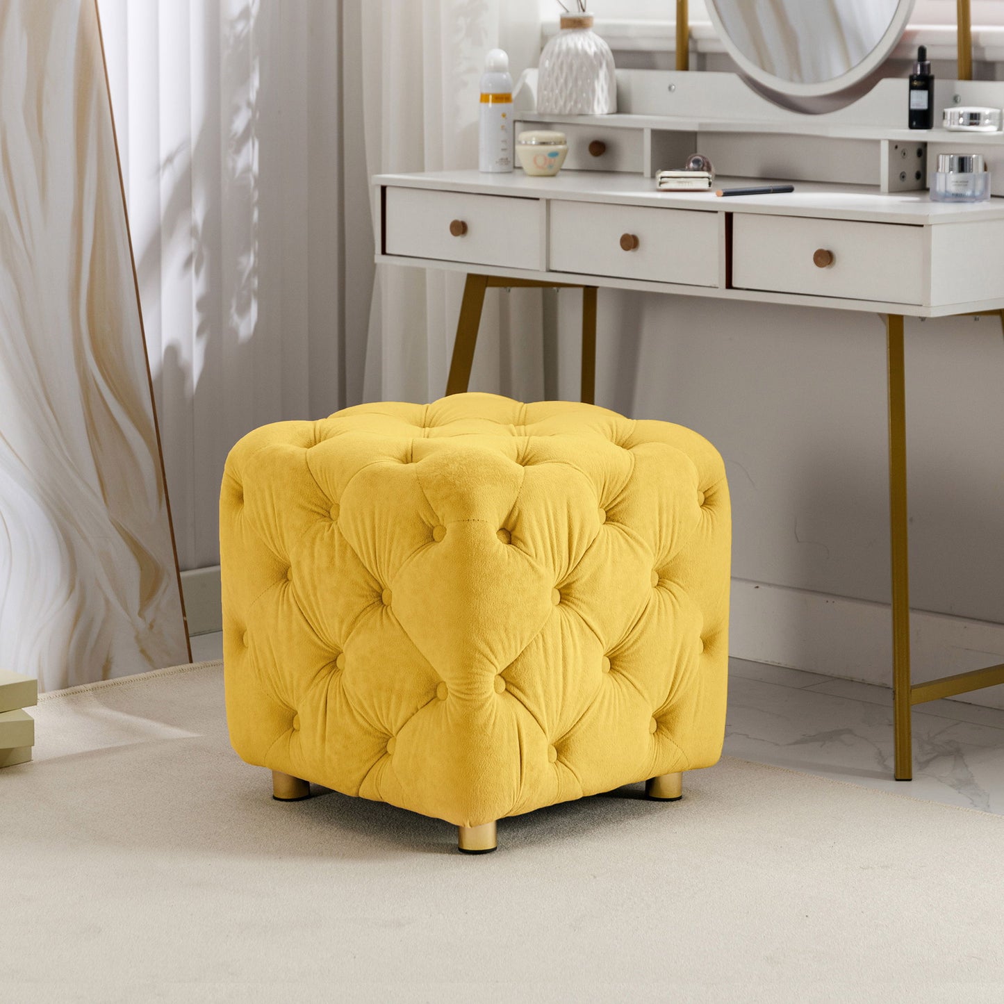 Modern Velvet Upholstered Ottoman, Exquisite Small End Table, Soft Foot Stool, Dressing Makeup Chair, Comfortable Seat For Living Room, Bedroom, Entrance - Yellow