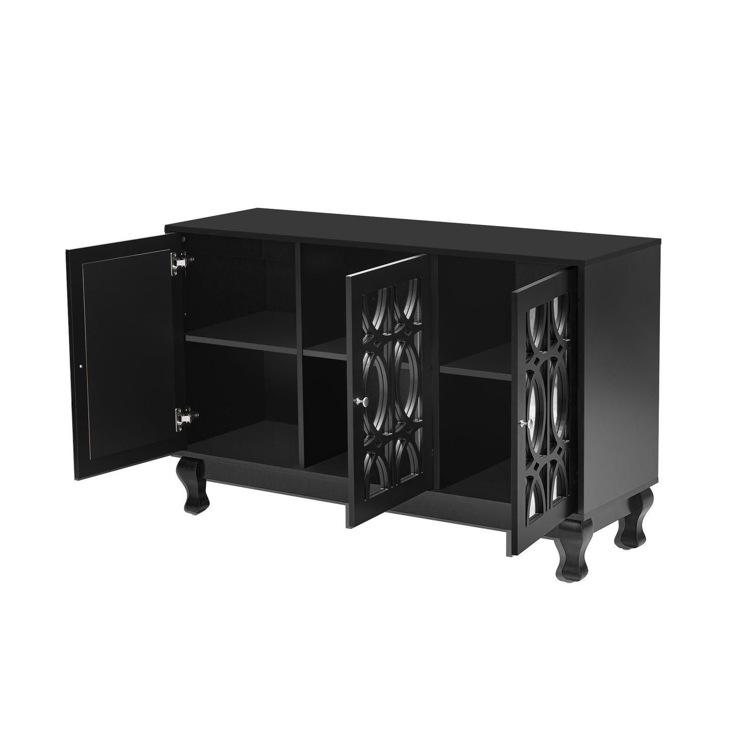 Modern Mirrored TV Stand For TV Up To 55", Entertainment Center Solid Wood Legs, Metal Handle And 3 Adjustable Shelves For Living Room - Black