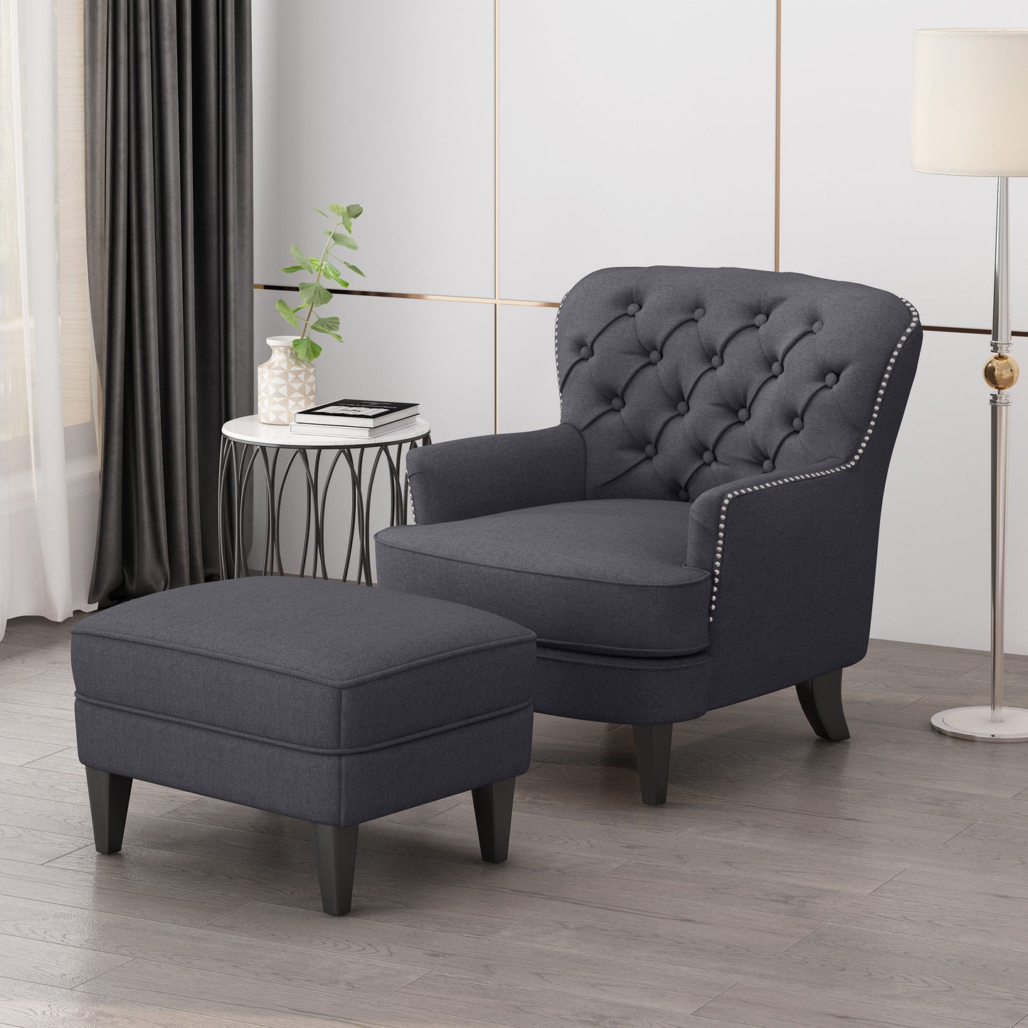 Enchante, Living Room Set With Tufted Back Club Chair And Ottoman - Gray