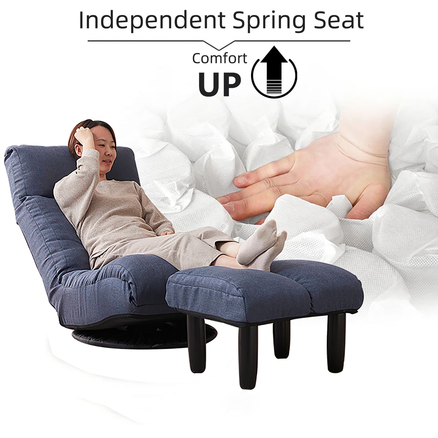 Adjustable Japanese Reclining Floor Chair Sofa With Metal Frame For Living Room & Balcony - Navy