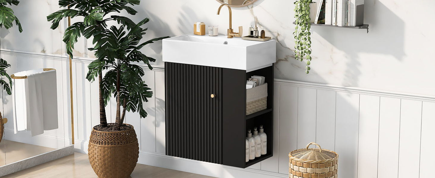 Modern Floating Bathroom Vanity With Ceramic Basin, Perfect For Small Bathrooms, Right Side Storage - Black