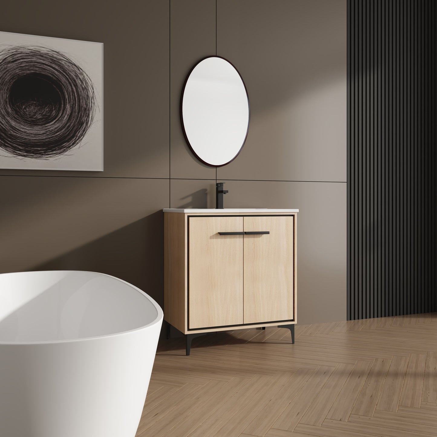 30" Bathroom Vanity Base With Basin And Storage Cabinet - Oak