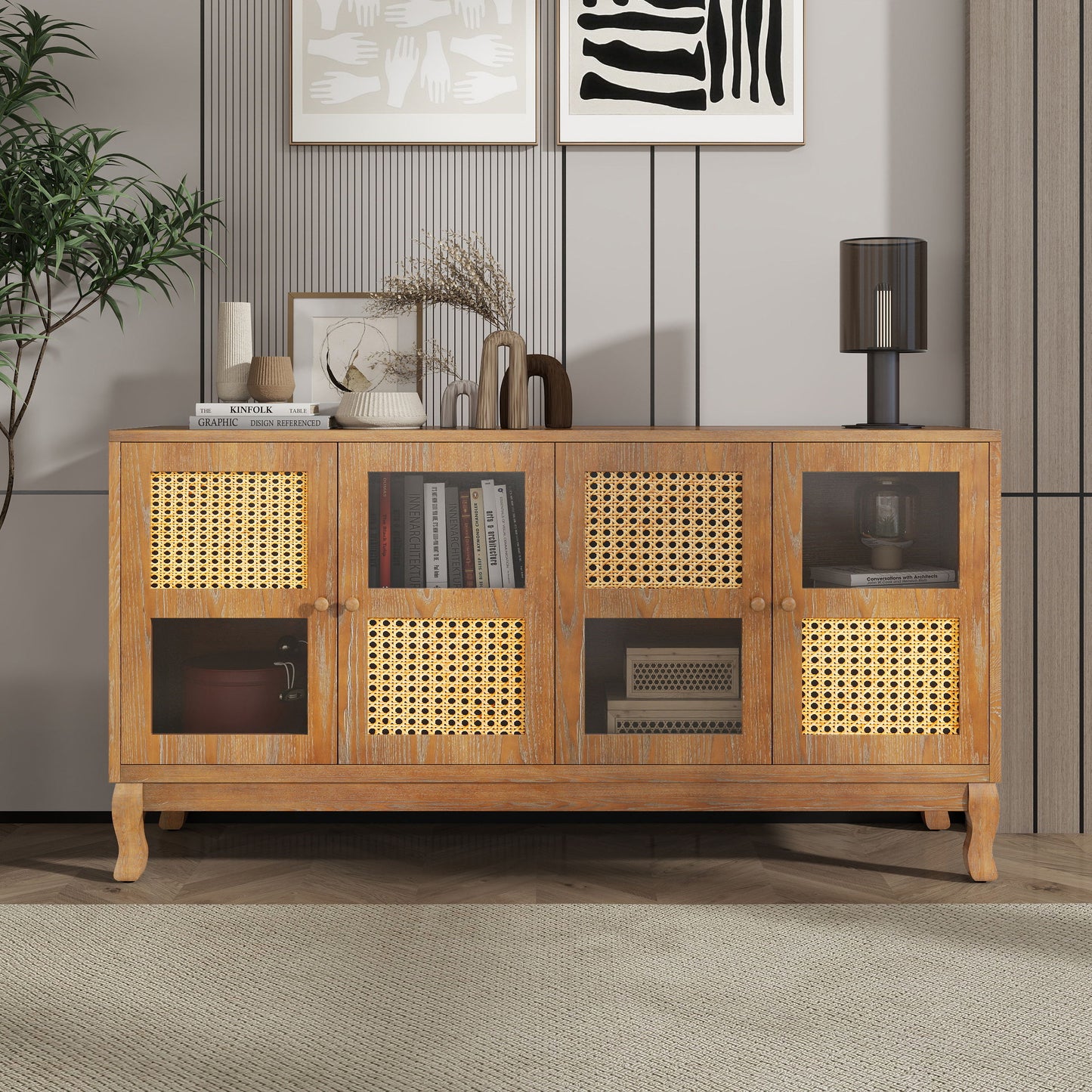 Retro 4 Door Sideboard With Large Storage Space, Artificial Rattan Doors - Transparent Glass - Antique Brown