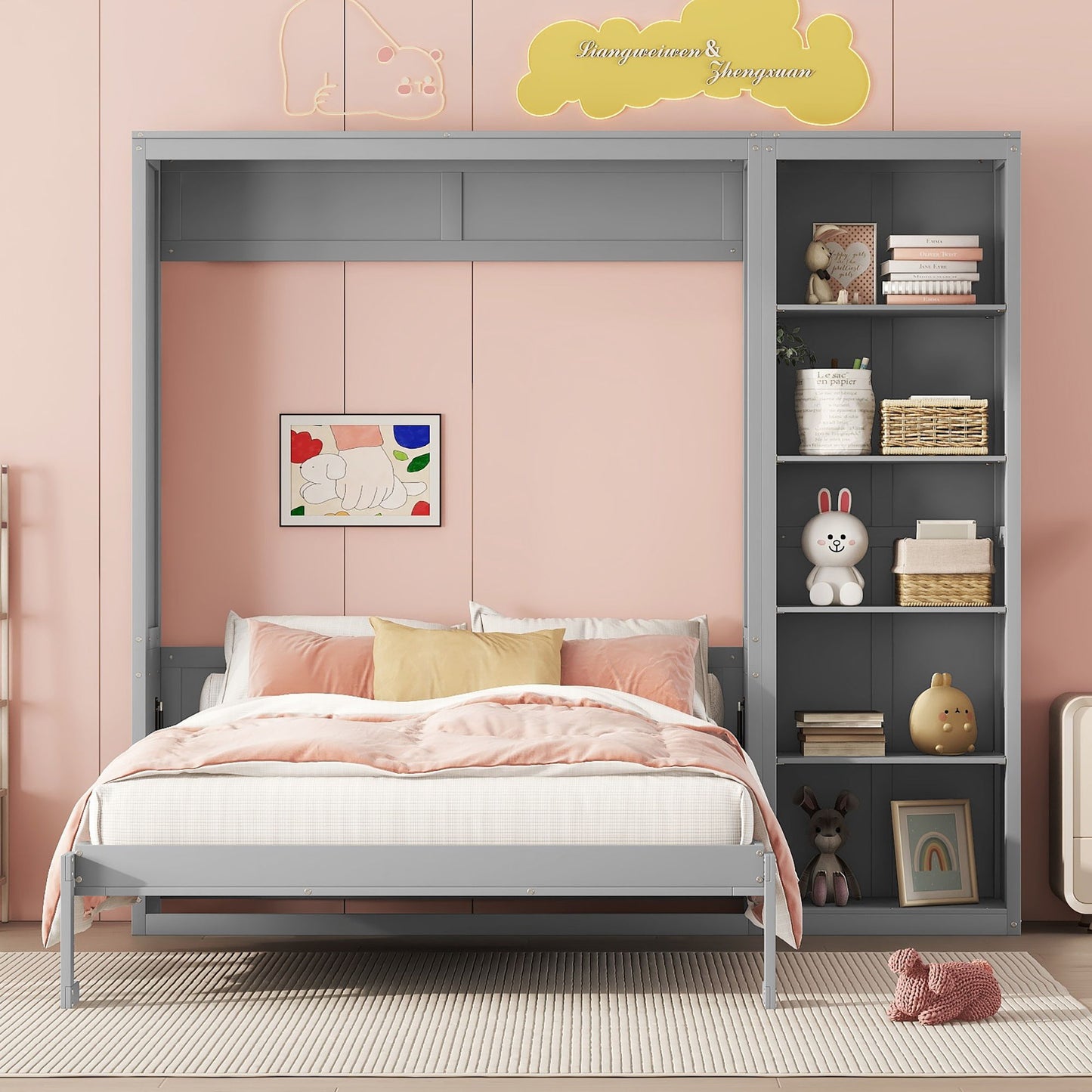 Full Size Murphy Wall Bed With Shelves - Gray