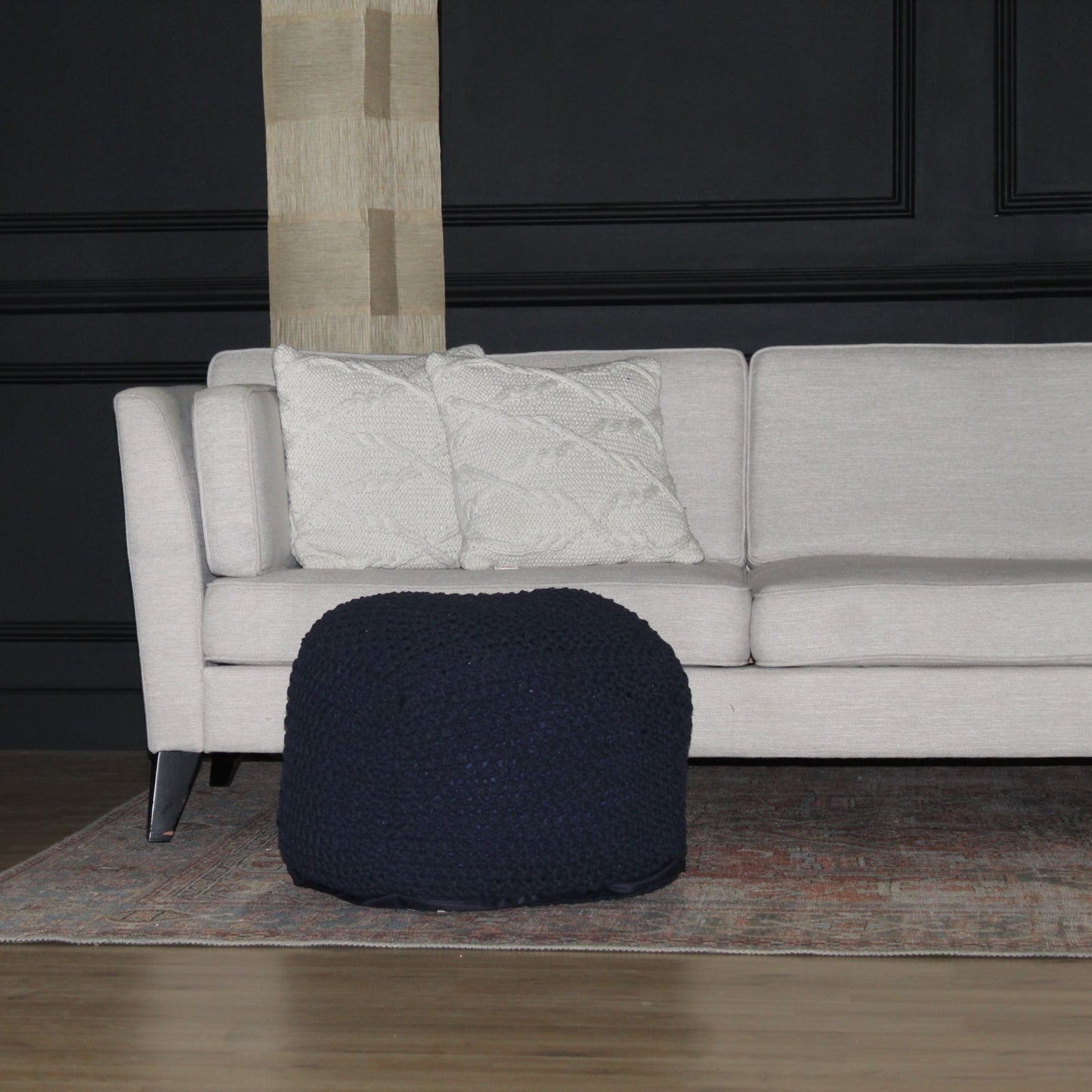 Handmade Semi Rounded Cable Knitted Pouf 100% Cotton Seating And Footrest For Living Room Or Bedroom - Dark Blue