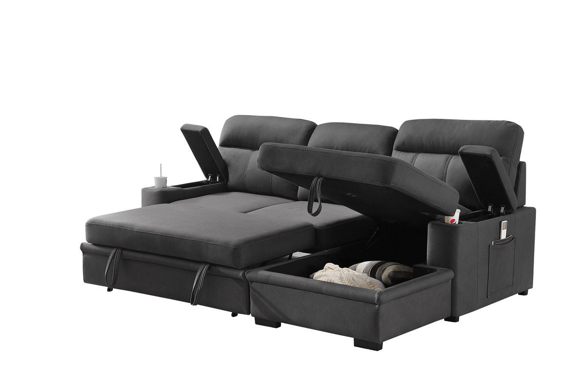 Kaden - Sleeper Sectional Sofa Chaise With Storage Arms And Cupholder - Gray