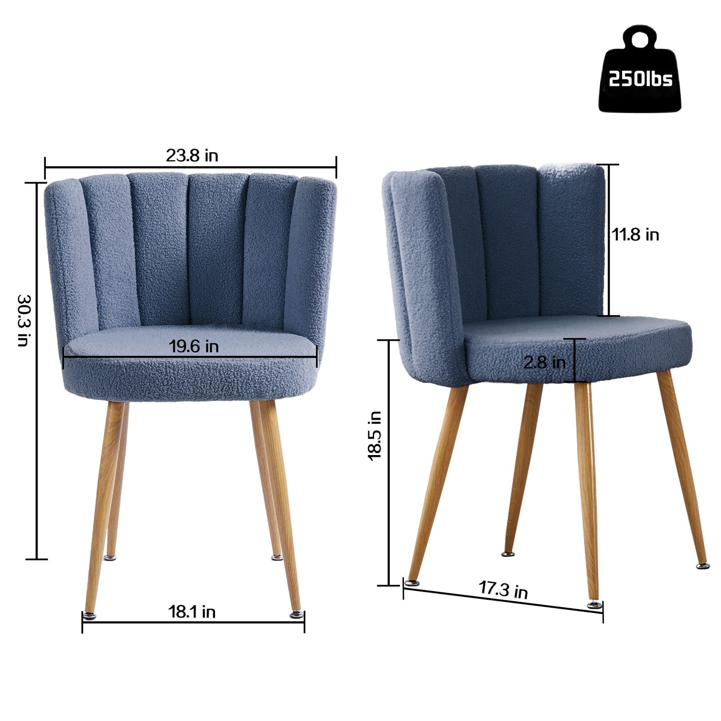 Modern Haze Dining Chair With Iron Tube Wood Legs, Shorthair Cushions And Comfortable Backrest, Suitable For Dining Room, Living Room, Cafe, Simple Structure (Set of 2) - Blue