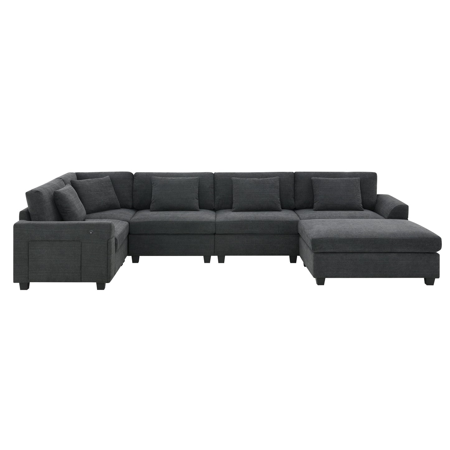 U Shaped Sectional Sofa 6 Seat Couch Set With Oversized Ottoman, Hidden Armrest Storage And Cup Holders USB Charging Ports Wide Seat Sofa - Black