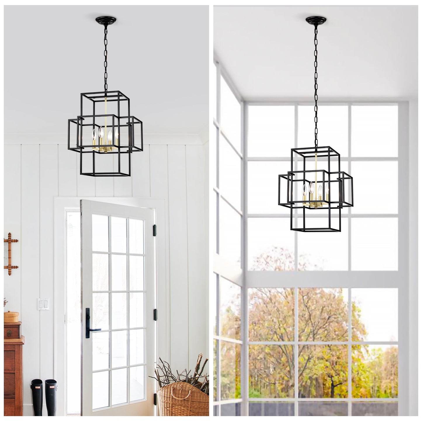 4 Light Metal Lantern Tiered Pendant Hanging Light Fixtures, Industrial Farmhouse Adjustable Height Chandeliers For Dining Room Hallway Foyer Entryway (E12 Bulbs Not Included) - Matte Black / Gold