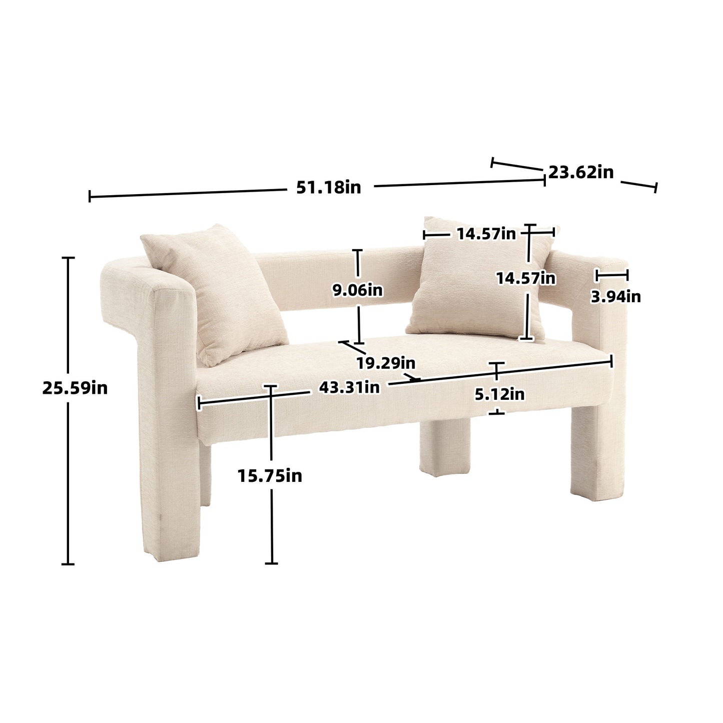 Modern Loveseat Sofa, Comfy Upholstered 2 Seater Sofa - Beige