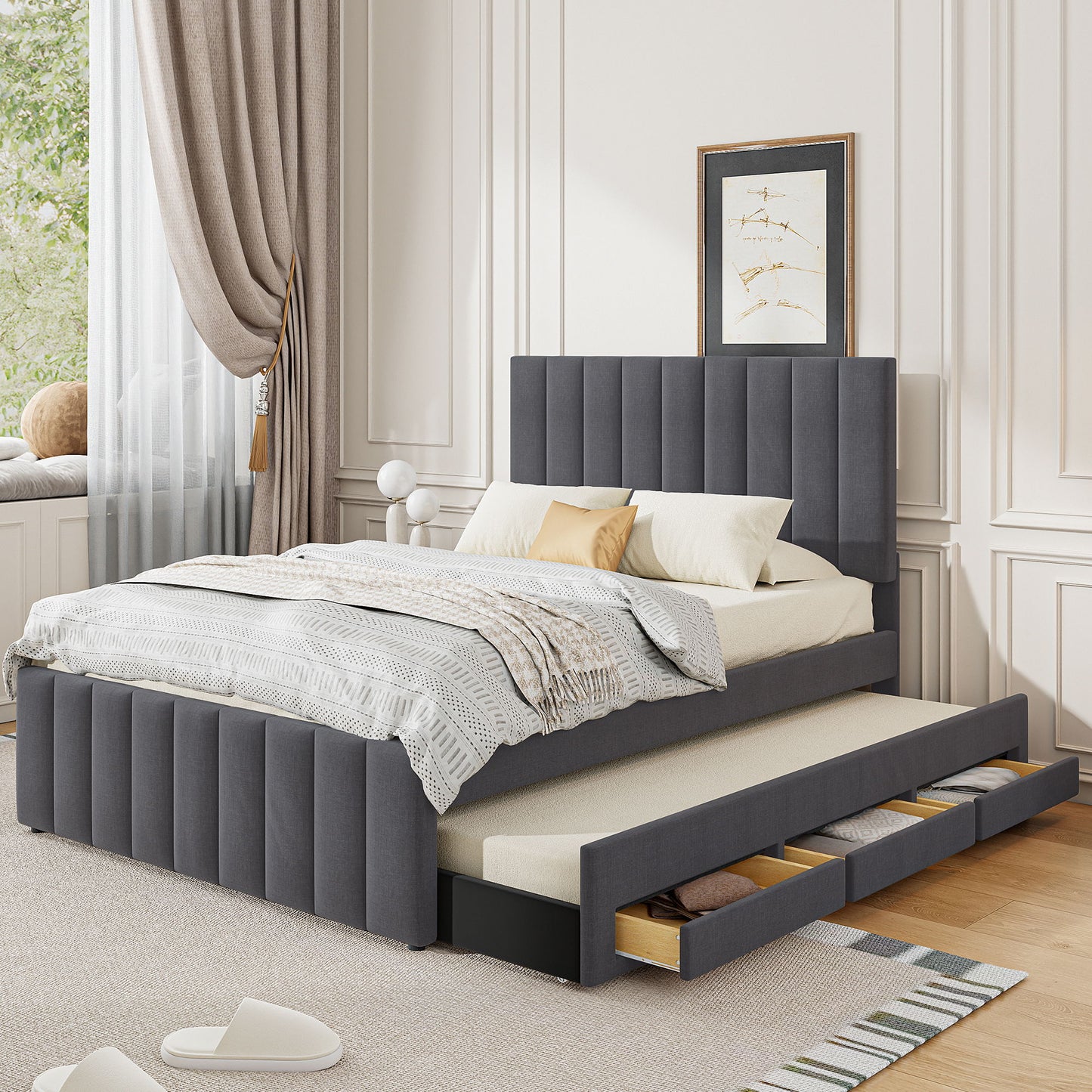 Full Size Upholstered Platform Bed With Twin Size Trundle And 3 Drawers - Gray