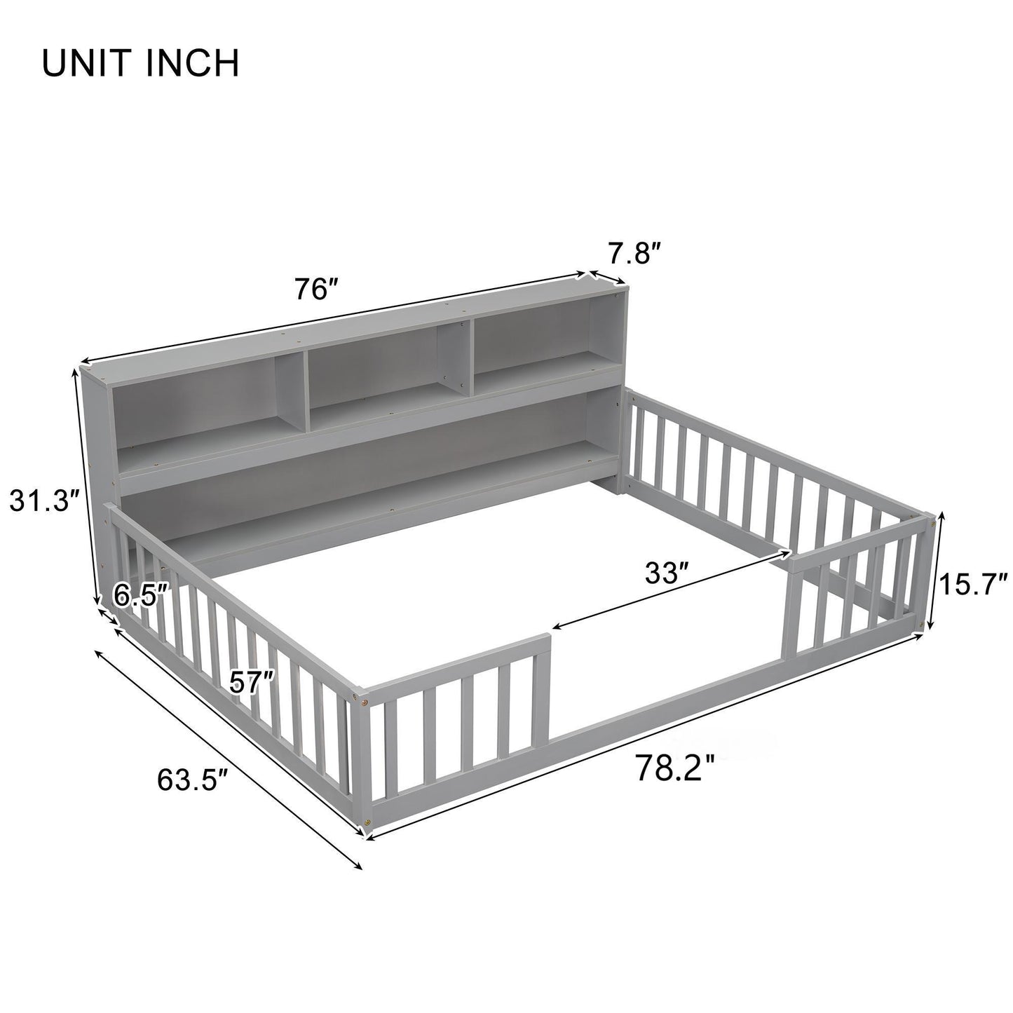 Full Floor Bed With Side Bookcase, Shelves, Guardrails - Gray