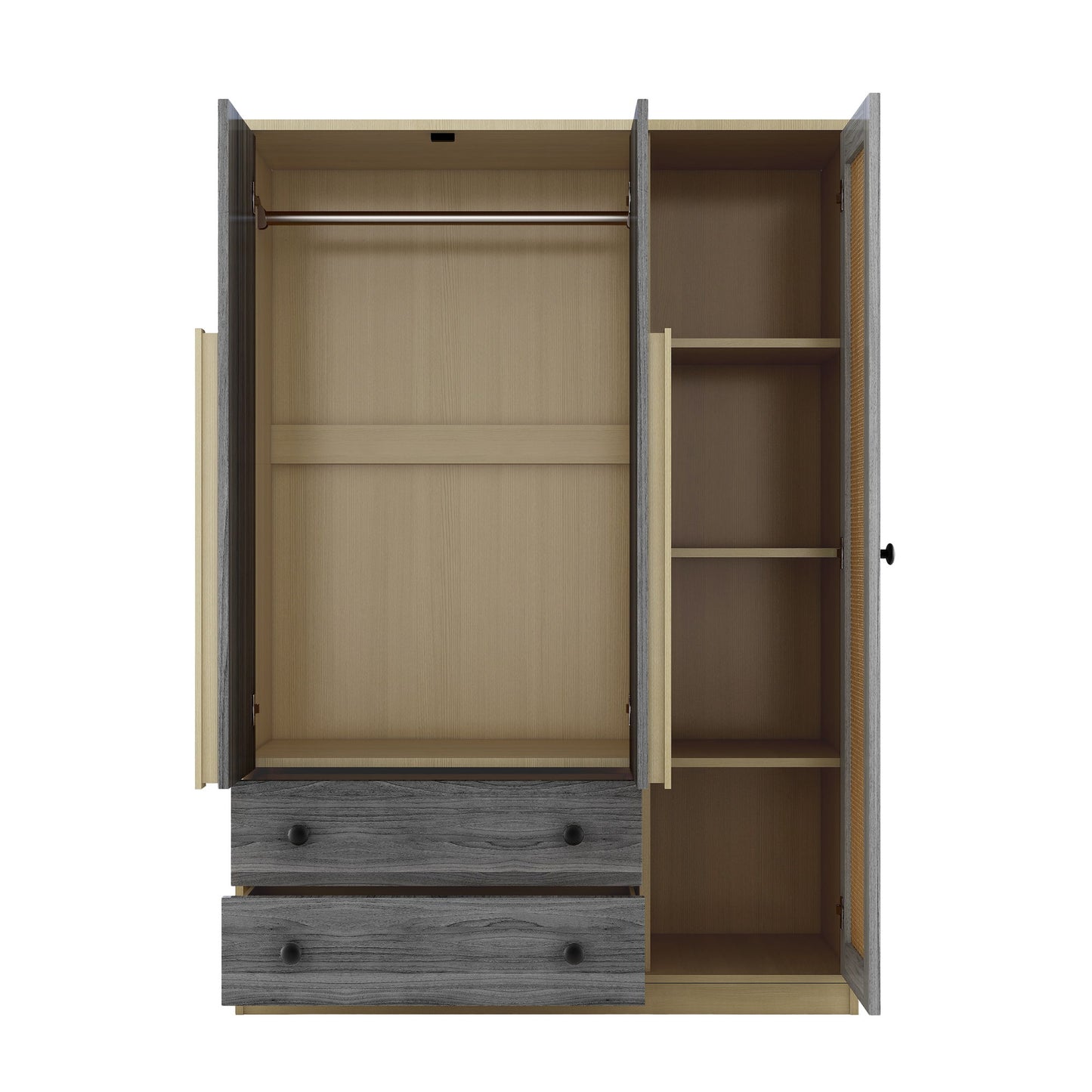 3 Doors Rattan Wardrobe Storage For Bedroom, With 2 Drawers - Gray / Nature