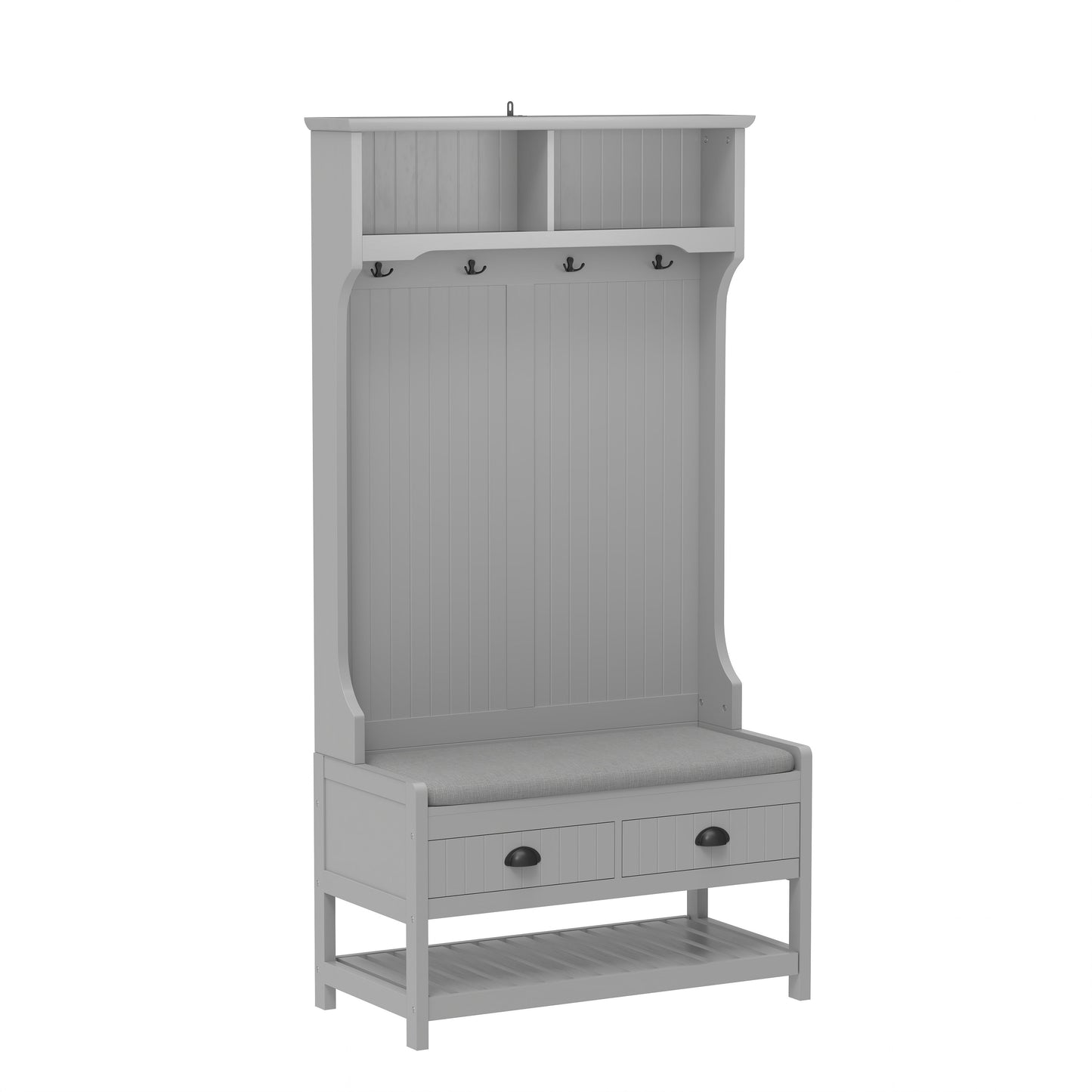 Modern 3 In 1 Hallway Hall Tree With Storage Drawers, Coat Rack, Shoe Rack Bench, And Cushion - Gray