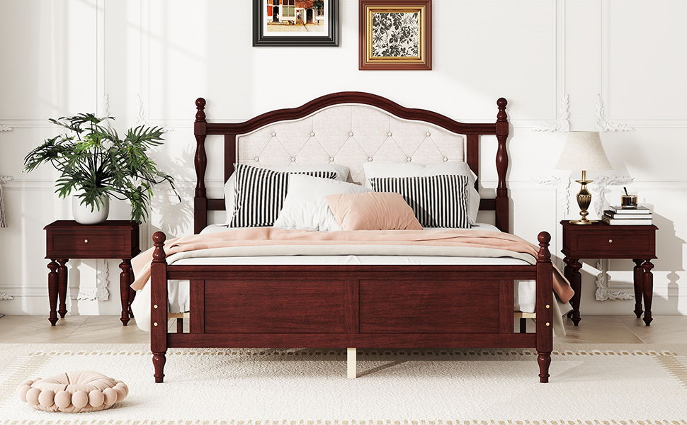 Queen Pine Wooden Bed With Upholstered Headboard And Panel Footboard, With Two Bed Rail Support Feet And Central Platform Support Feet, Classic - Cherry