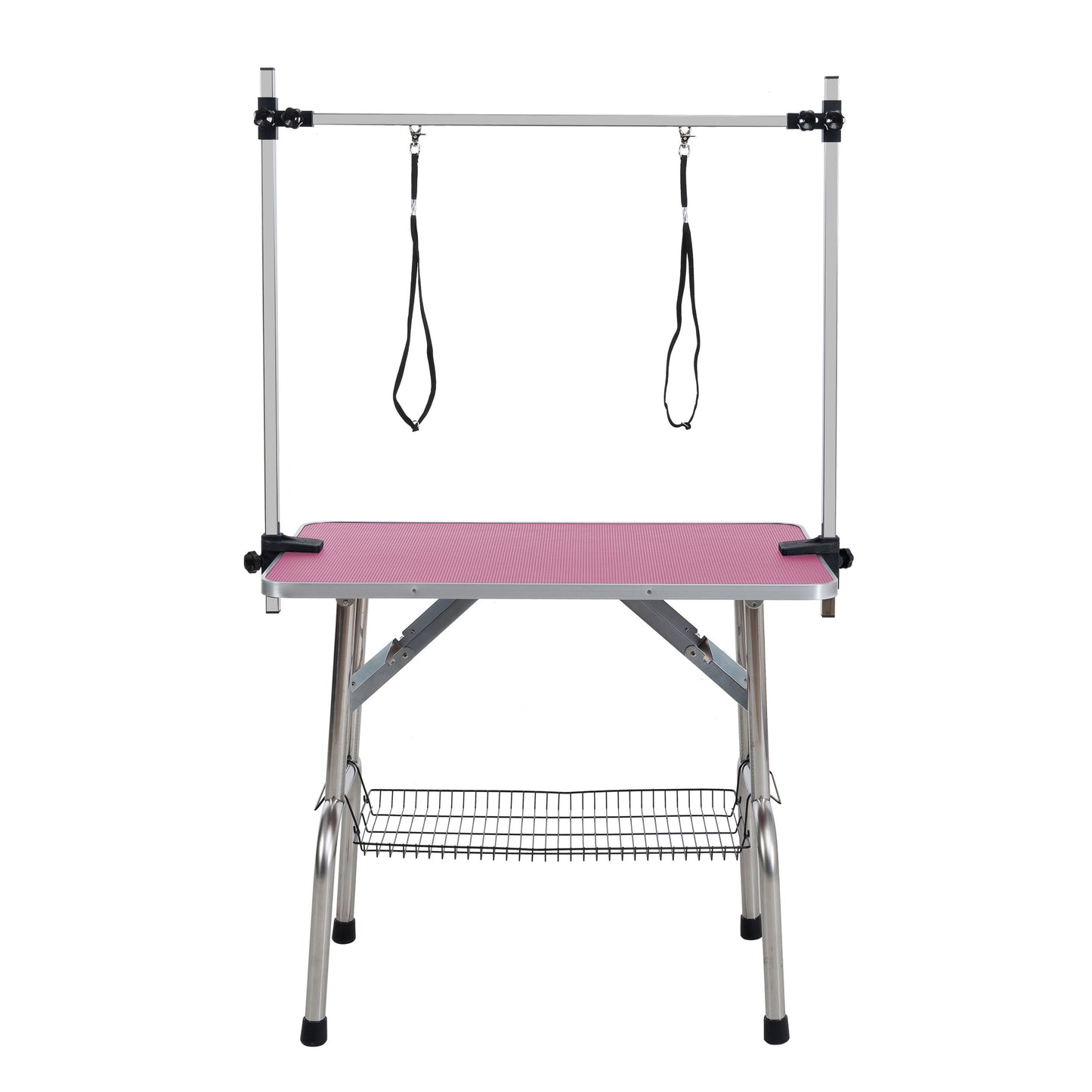 Folding Dog Pet Grooming Table, Stainless Steel Frame Rubber Mat On Board With Adjustable Arm And Clamps Pet Dog Cat Grooming Table - Pink