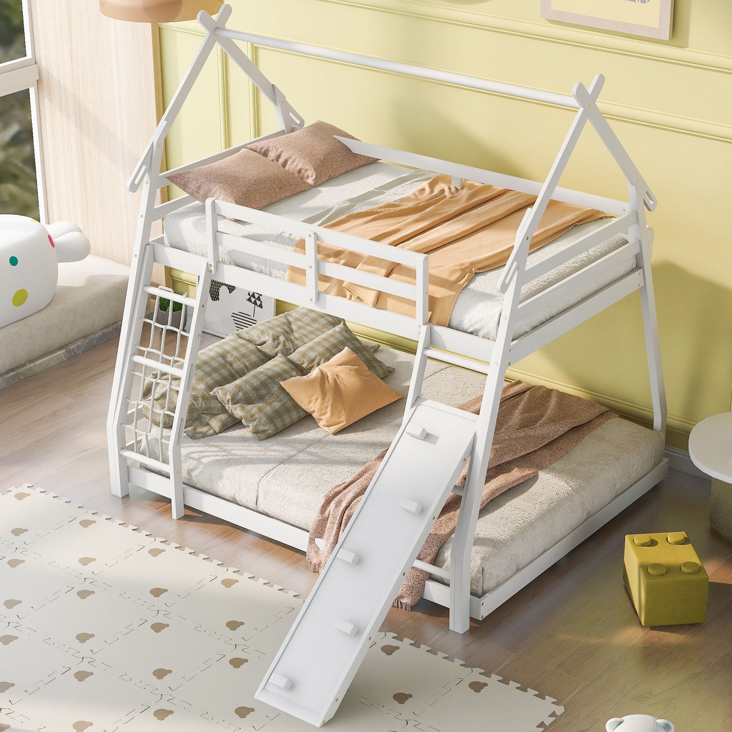 Twin Over Queen House Bunk Bed With Climbing Nets And Climbing Ramp - White