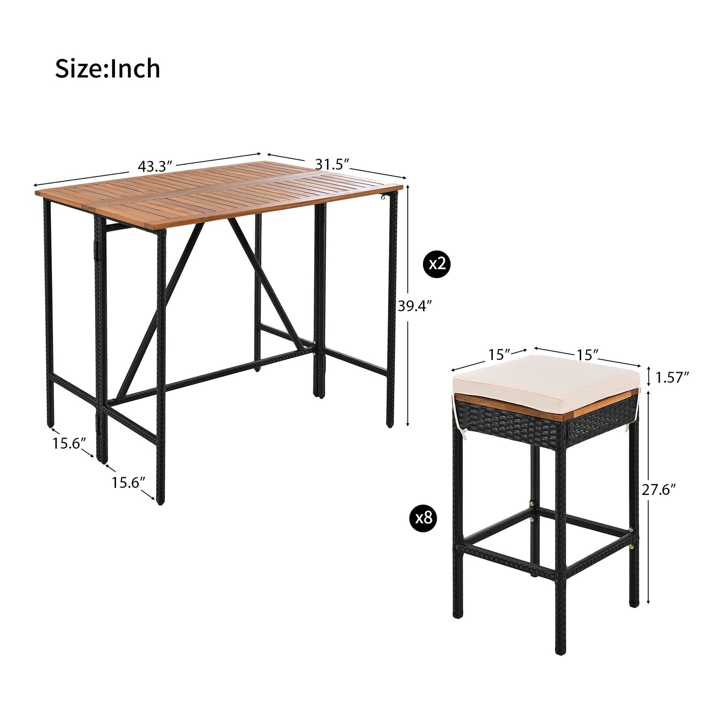 10 Piece Outdoor Acacia Wood Bar Height Table And 8 Stools With Cushions, Garden Wicker Dining Table, Foldable Tabletop, High Dining Bistro Set, All-Weather Patio Furniture - Brown