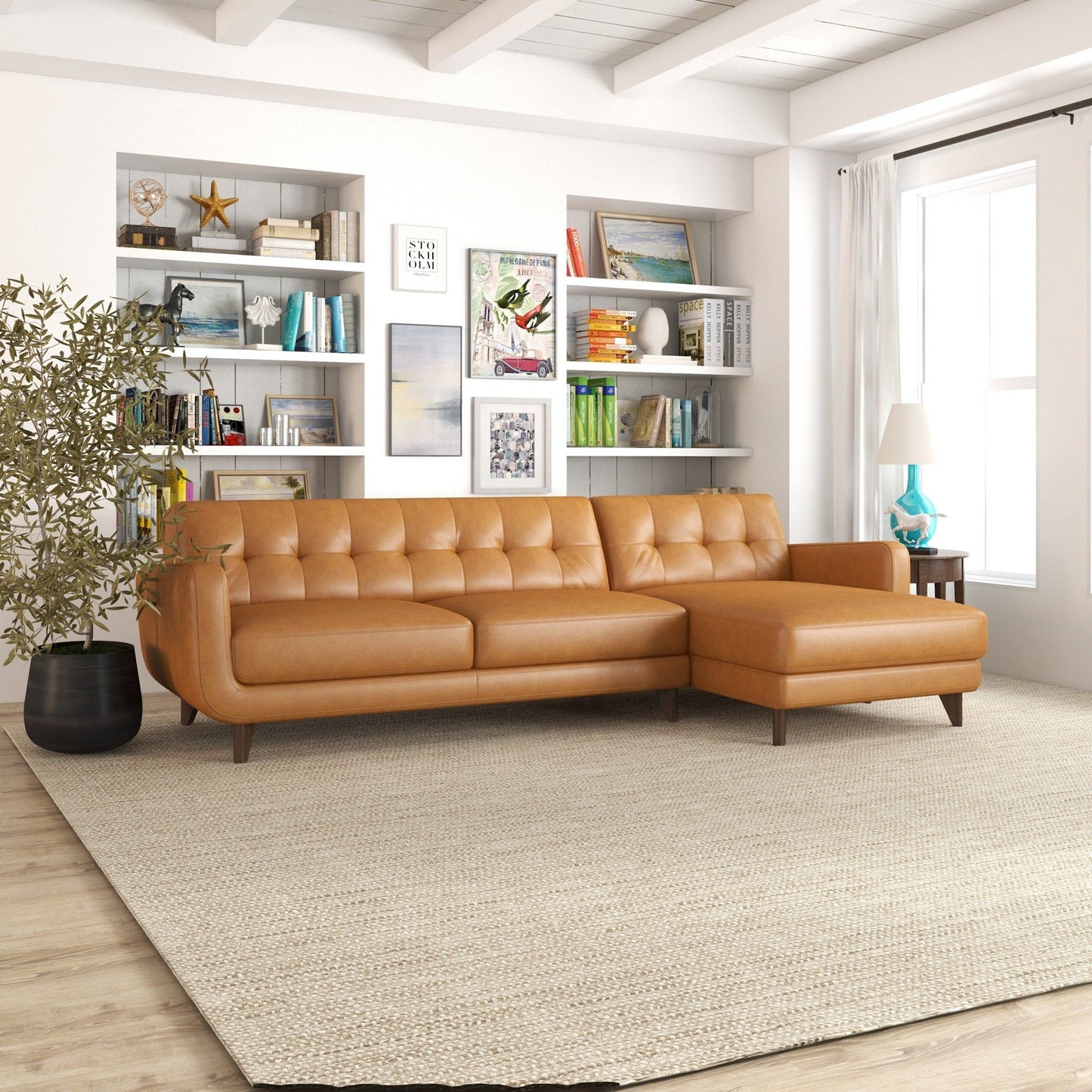 Allison - Right Facing Leather Sectional Sofa - Tan