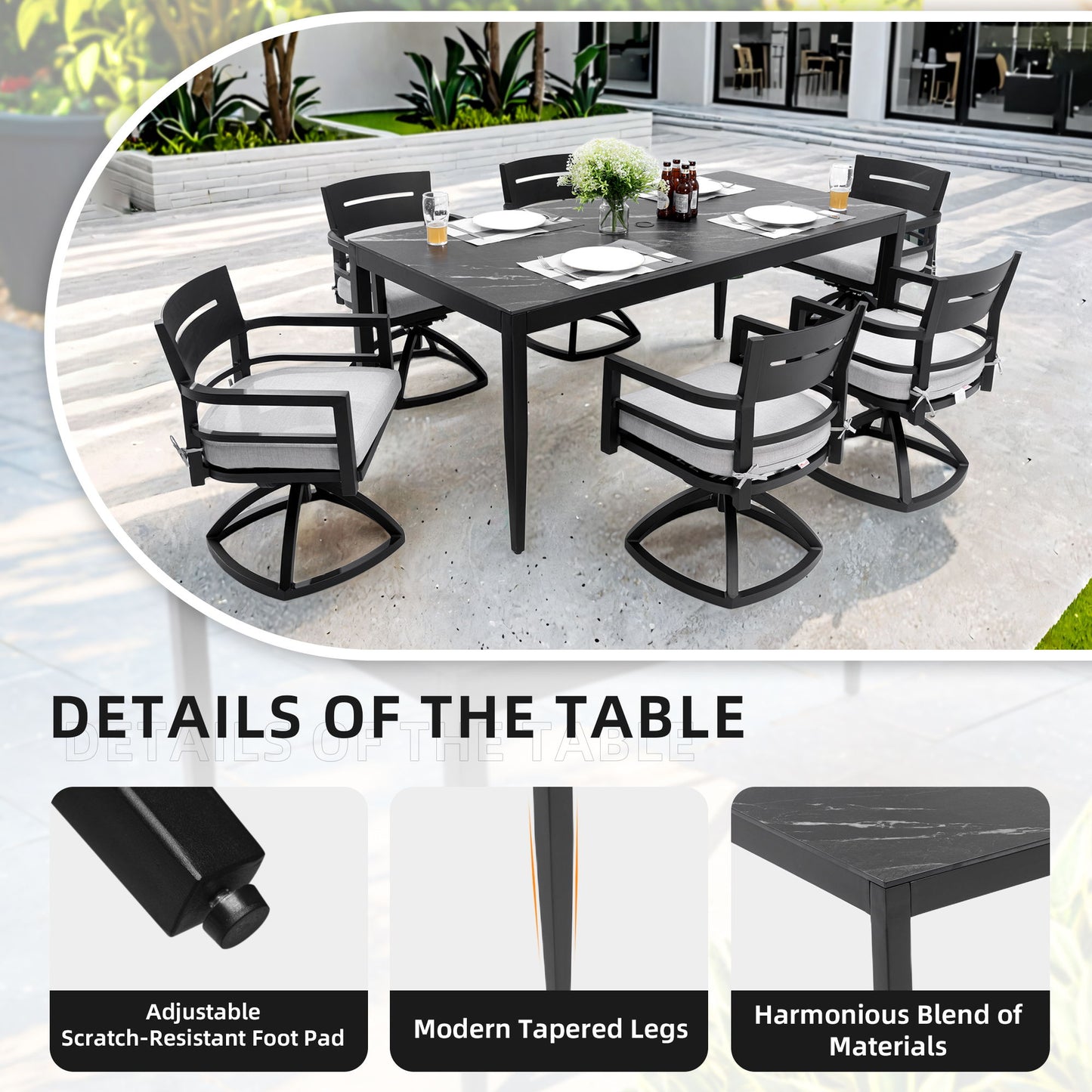 7 Pieces Modern Outdoor Patio Dining Set, Rectangular Dining Table, 6 Swivel Rockers With Sunbrella Cushions - Ember Black