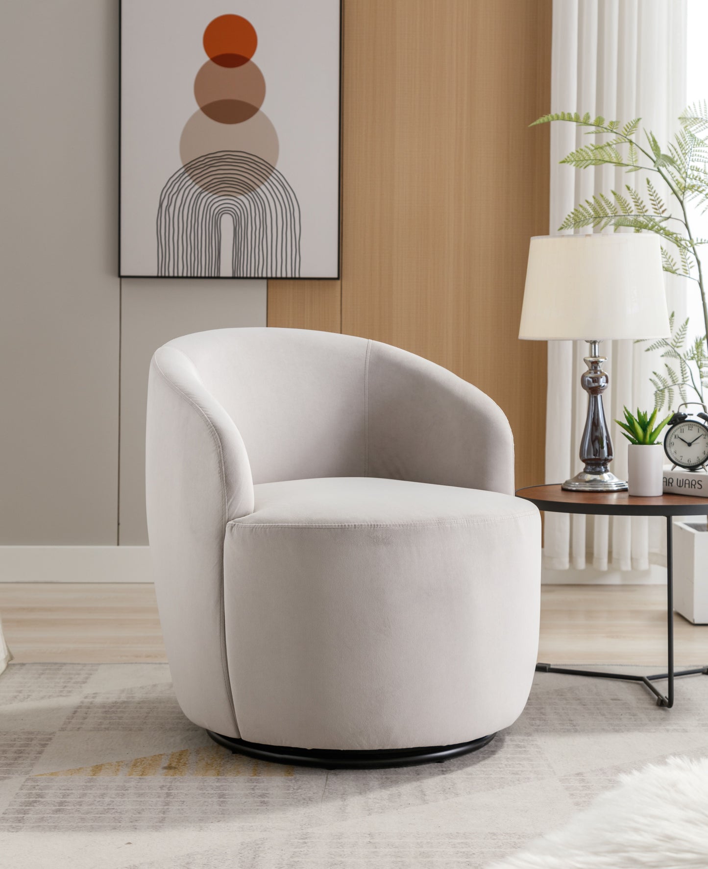 Velvet Fabric Swivel Accent Armchair Barrel Chair With Black Powder Coating Metal Ring - Gray