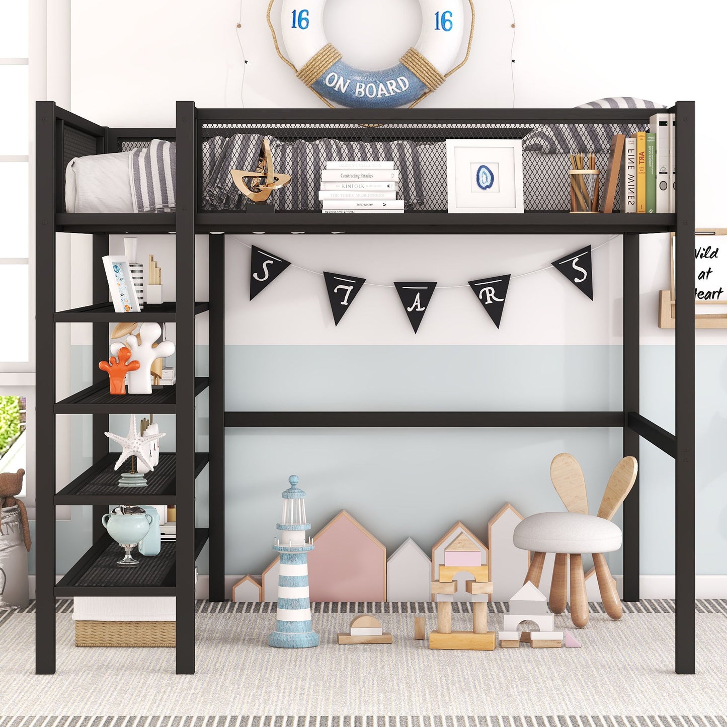 Full Size Loft Bed With 4 Tier Shelves And Storage - Black