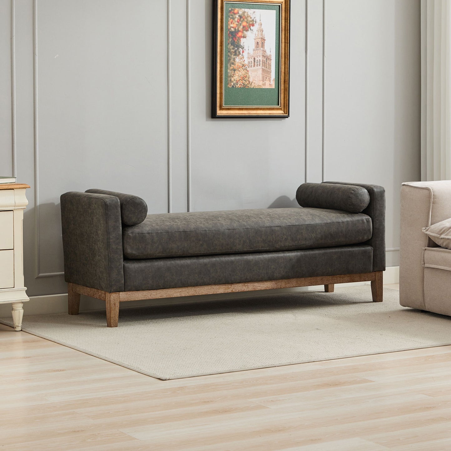 Elegant Upholstered Bench, Daybed, Ottman With Wood Legs & 2 Bolster Pillows For Bedroom, Living Room, Entryway - Gray