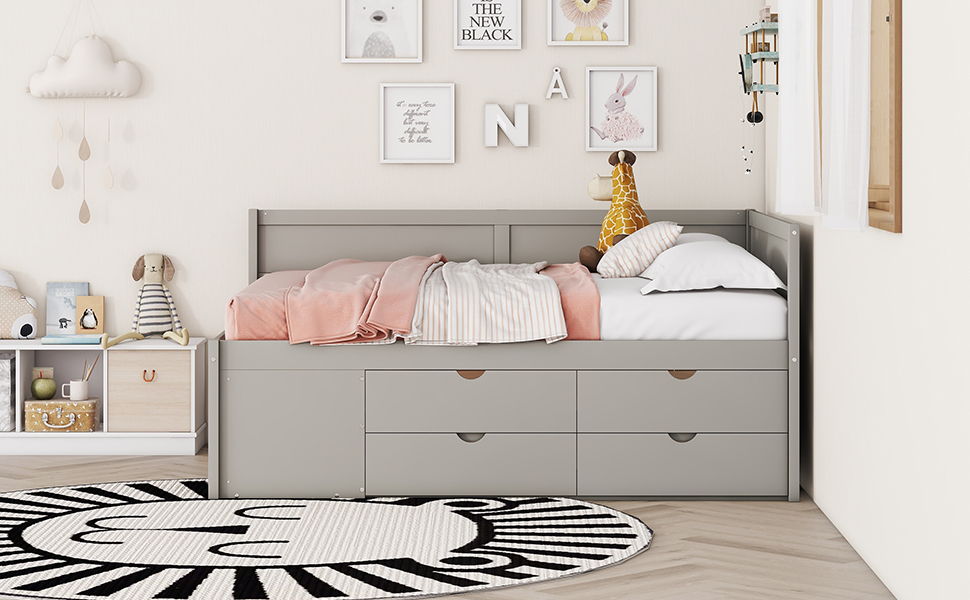 Full Size Daybed With Drawers And Shelves - Gray