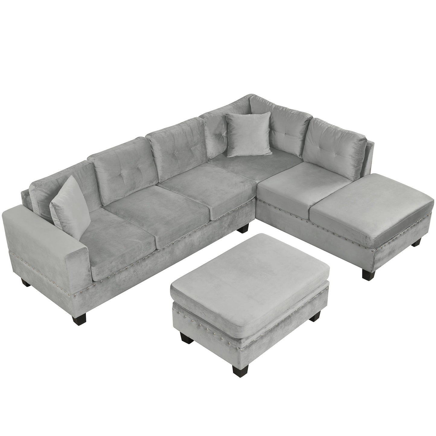 Modern Sectional Sofa With Storage Ottoman, L - Shape Couch With 2 Pillows And Cup Holders - Gray